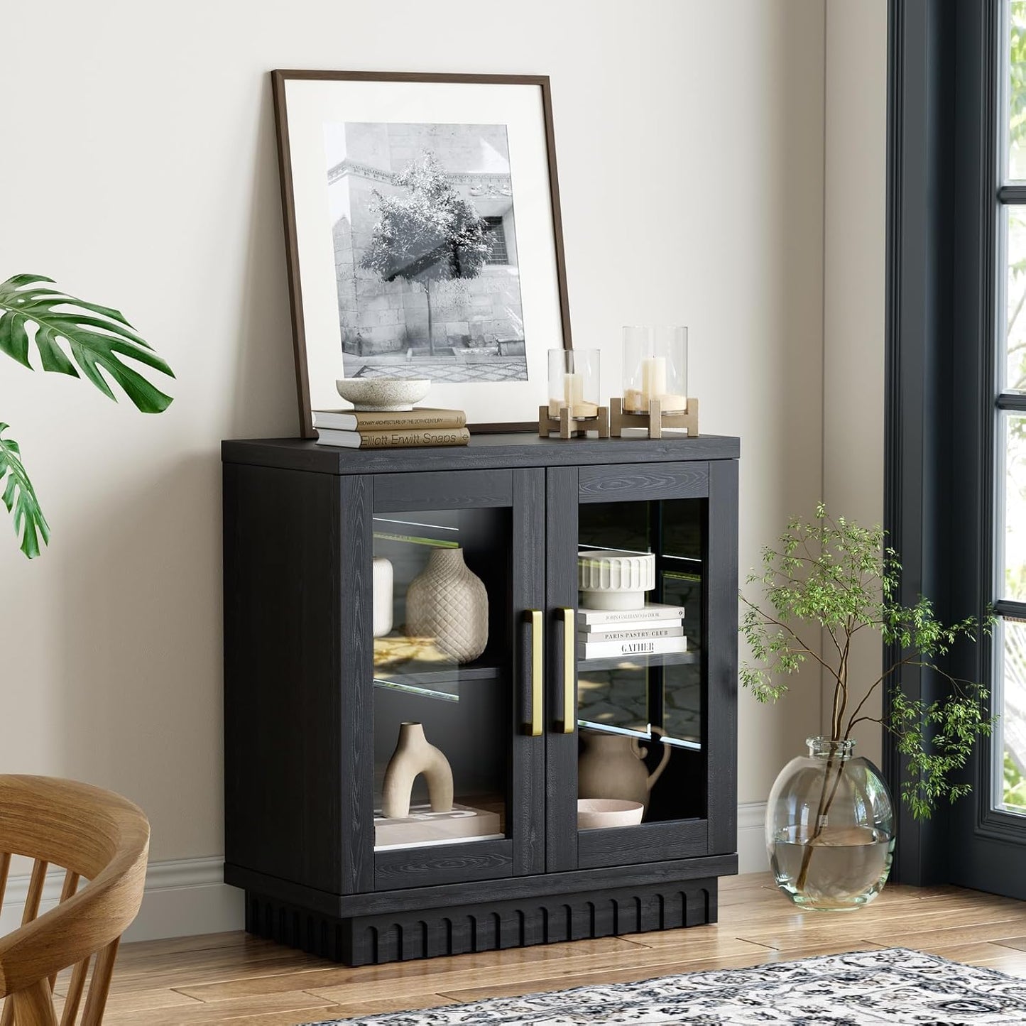 Buffet Cabinet with Storage, Sideboard Cabinet with Glass Doors, Accent Storage Cupboard Console Table for Kitchen, Hallway, Living Room, Dining Room, Smoked Black Oak