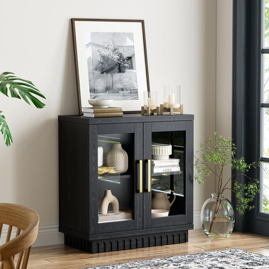 Buffet Cabinet with Storage, Sideboard Cabinet with Glass Doors, Accent Storage Cupboard Console Table for Kitchen, Hallway, Living Room, Dining Room, Smoked Black Oak