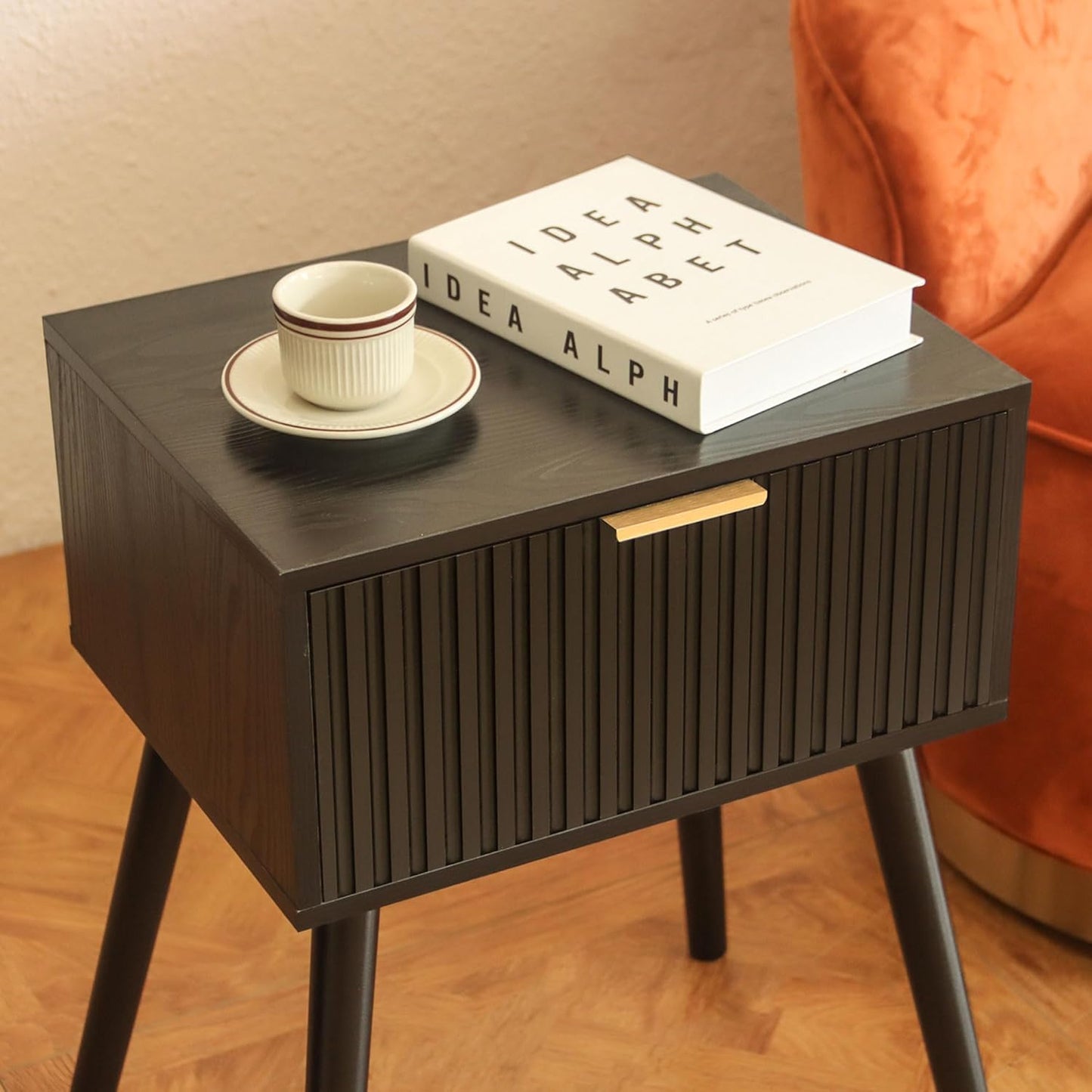 Black Nightstand, Small End Tables Living Room, Accent Bedside Table with Fluted Drawer for Bedroom and Small Space, Black