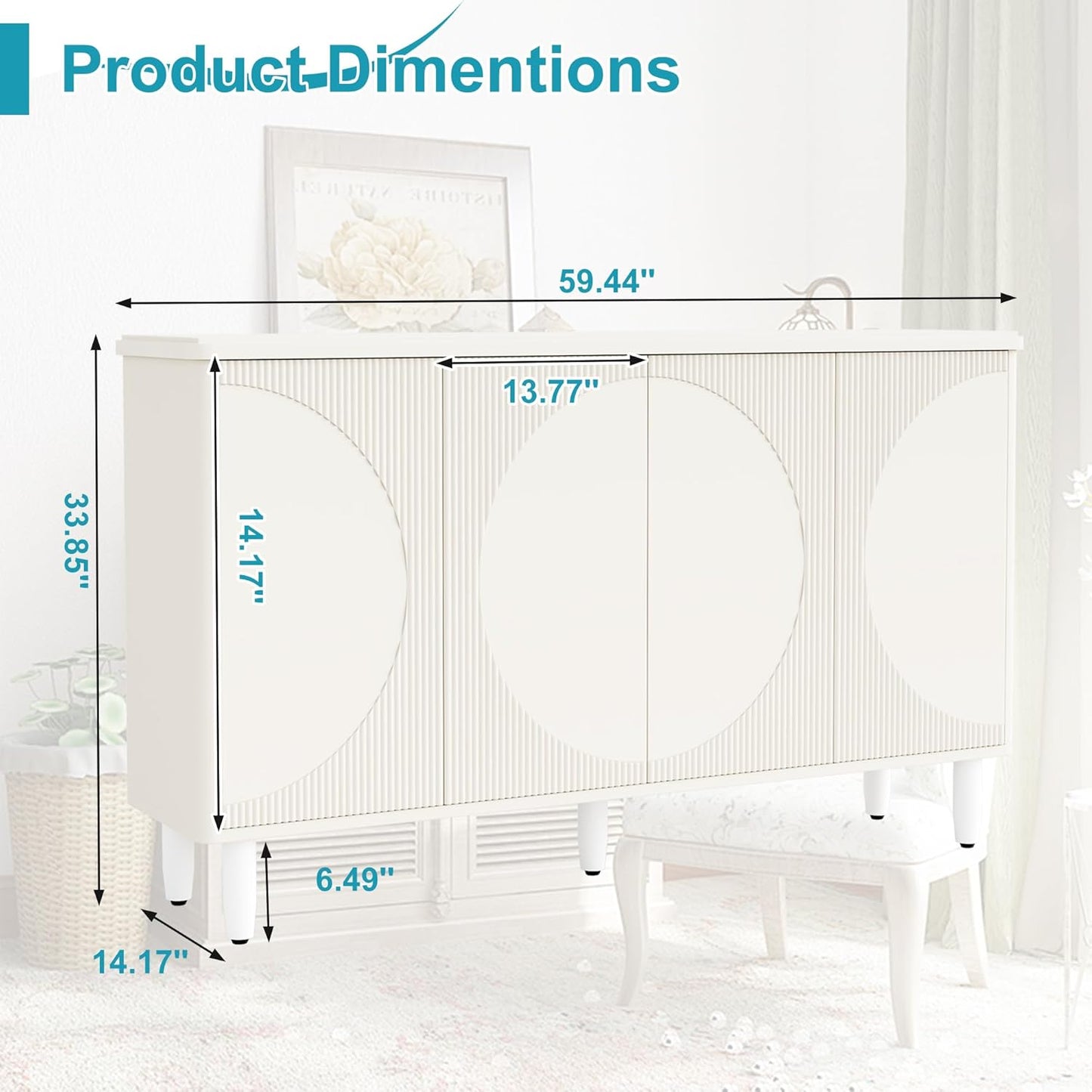 59.4" Sideboard Buffet Cabinet with Storage, Kitchen Buffet Storage Cabinet with Doors & Shelves, Modern Sideboard for Living Room, Kitchen, Hallway, White