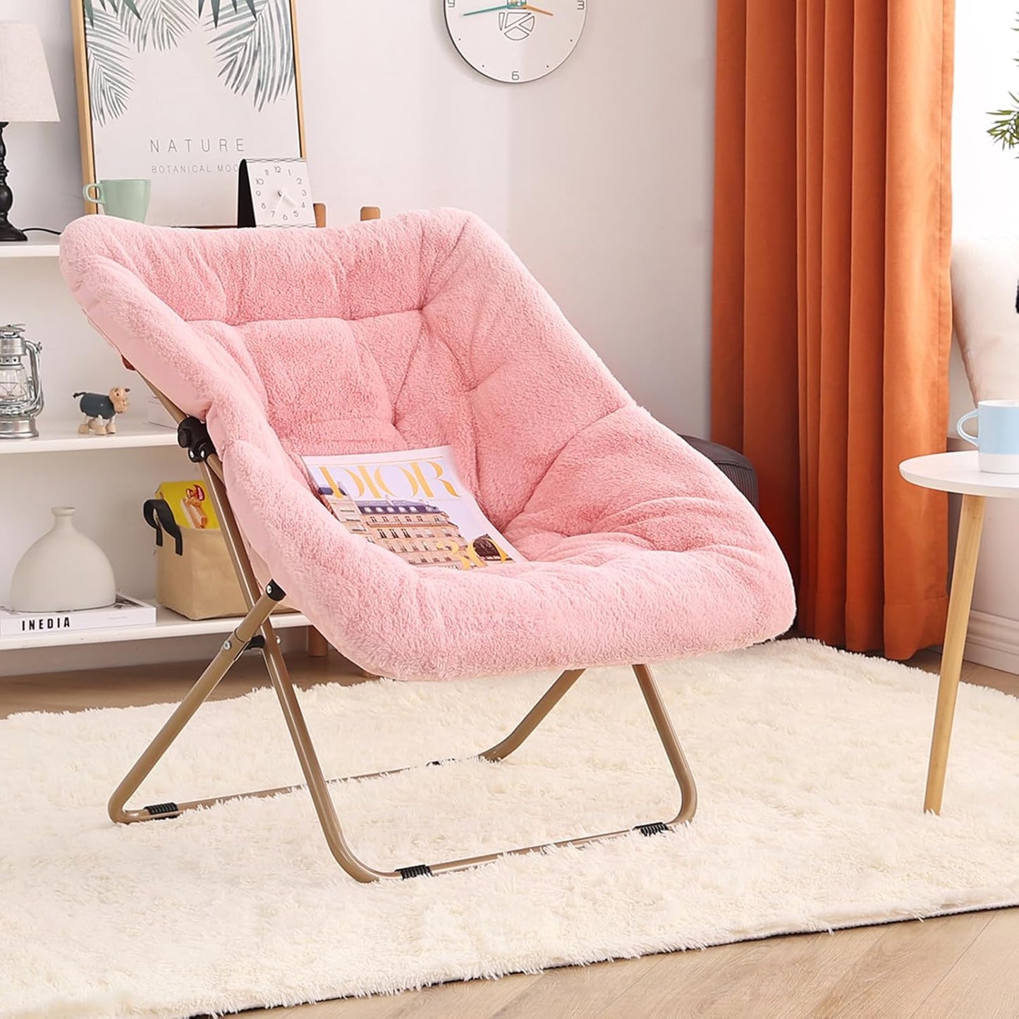 Modern Pink Faux Fur Foldable Metal Frame Recliner Chair for Bedroom, Living Room, Balcony