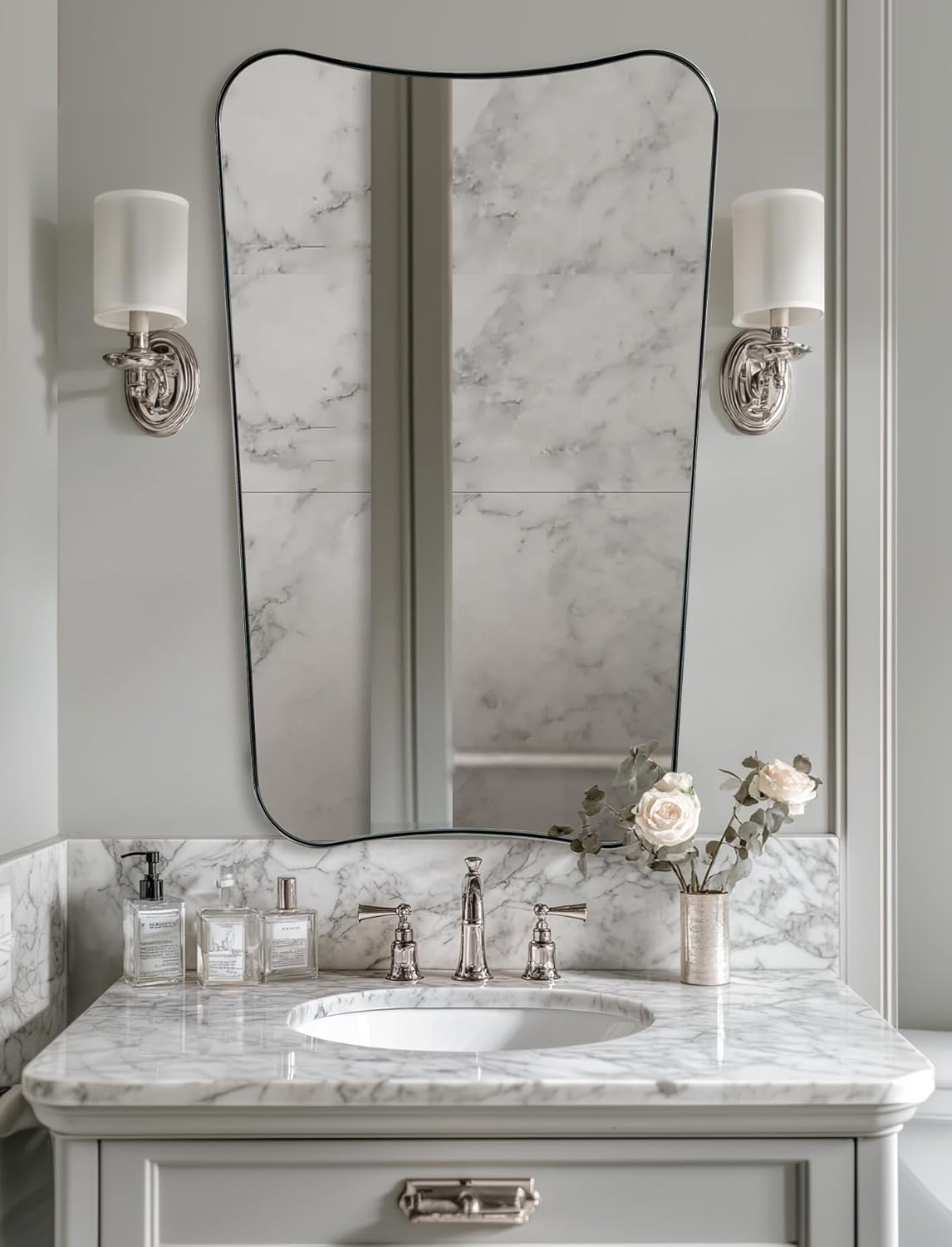 ANDY STAR Brushed Nickel Mirror 24x40 Inch, Silver Irregular Bathroom Mirror, Large Decorative Mirror in Anti-Rust Stainless Steel Metal Frame Deep 1’’, Ideal for Home Decor