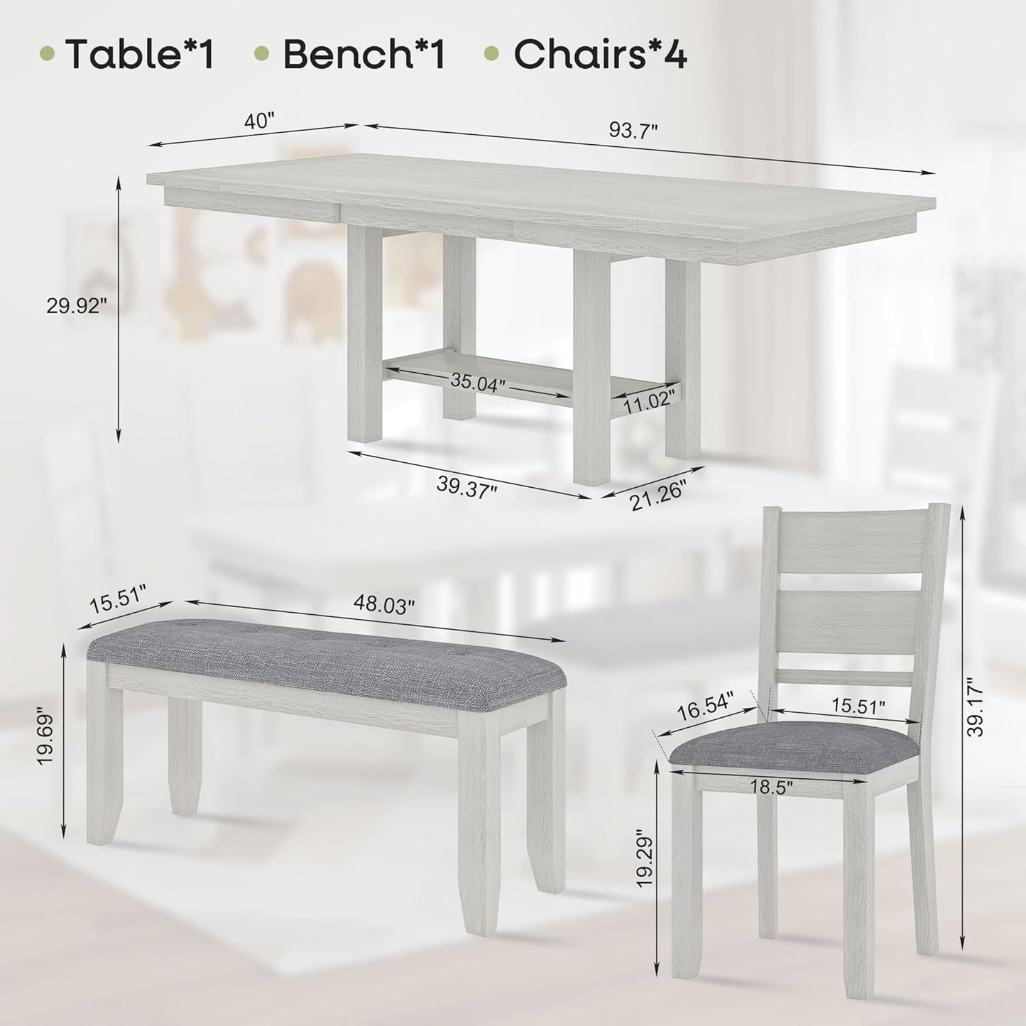 6-Piece Solid Wood Dining Table Set for 6, Extendable Table with 4 Upholstered Chairs and 1 Bench– Easy Assembly for Indoor Use, Kitchen, Dining Room, Grey