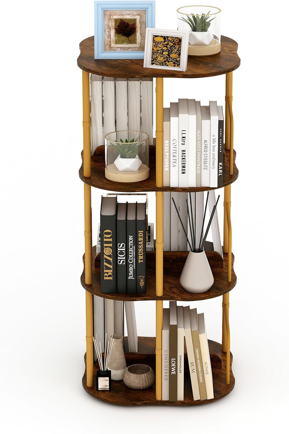 3-Tier Rotating Bookshelf, 360 ° Display Stackable Spinning Bookshelf Tower, Narrow Space Saving Tall Floor Standing Swivel Bookcase Corner Organizer for Bedroom, Living Room, Gold