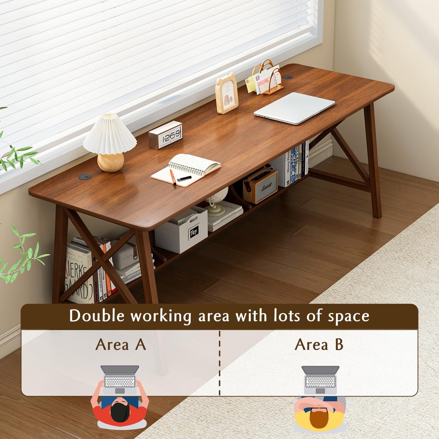 Extra Long Desk with Bookshelf - Wooden Home Office Work Study Table, 2-Person Writing Computer Workstation with Storage Shelf in Walnut, 71" Wx20 Dx30 H