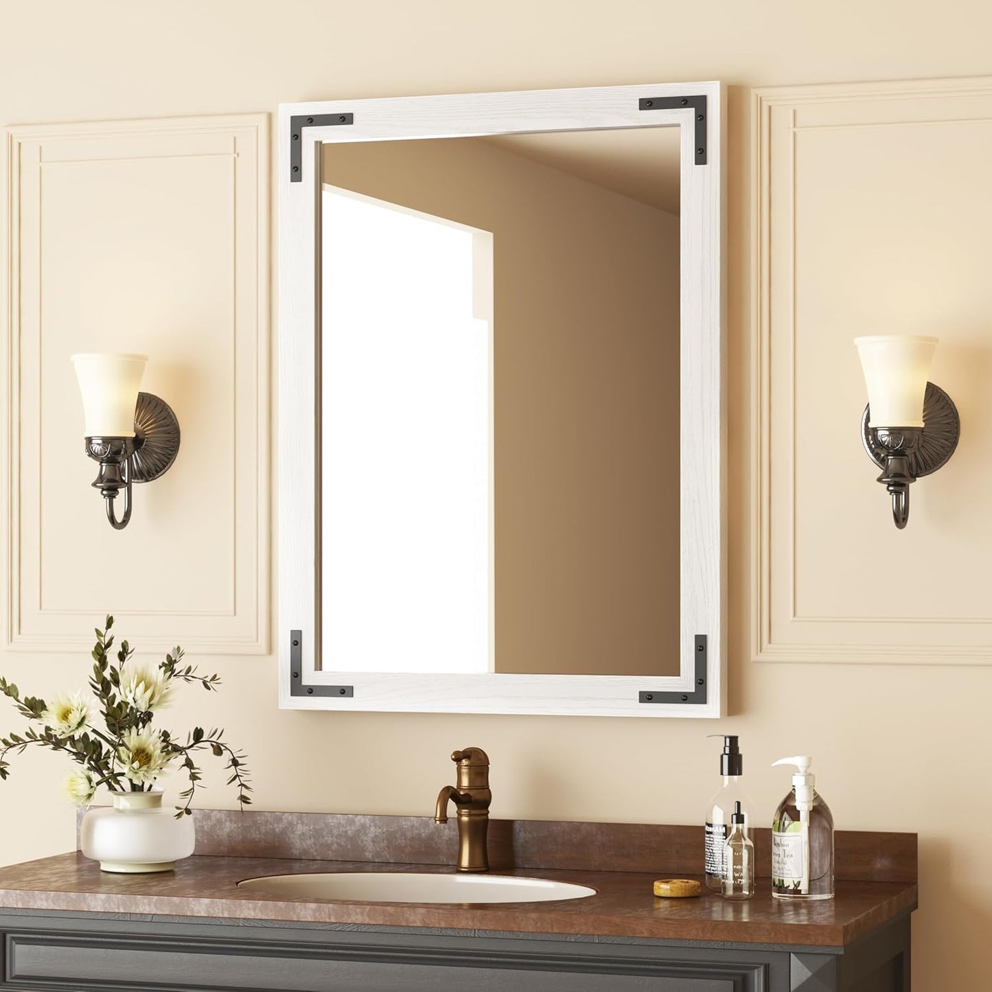 VocalStar White Wood Framed Mirror 22 x 30 Inch, Rustic Natural White Wooden Rectangle Bathroom Vanity Wall Mirror for Farmhouse Boho Decor, 1/4-inch Shatterproof Glass | Waterproof