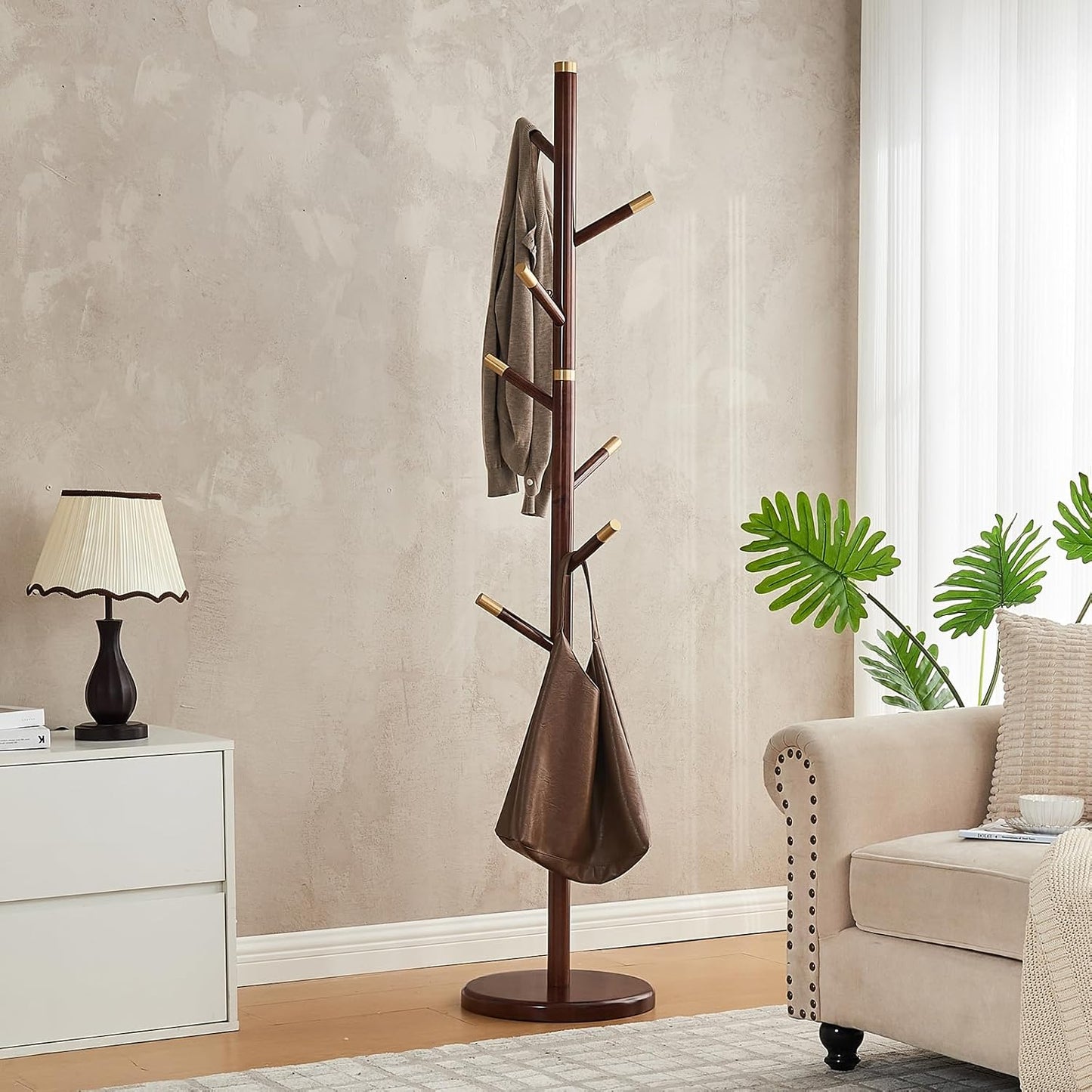 CozyDH Coat Rack Freestanding Solid Wood Coat Rack Stand, Coat Tree Freestanding with 7 Hooks Creative Tree Branch-look for Entryway, Hallway, Bedroom (Walnut)