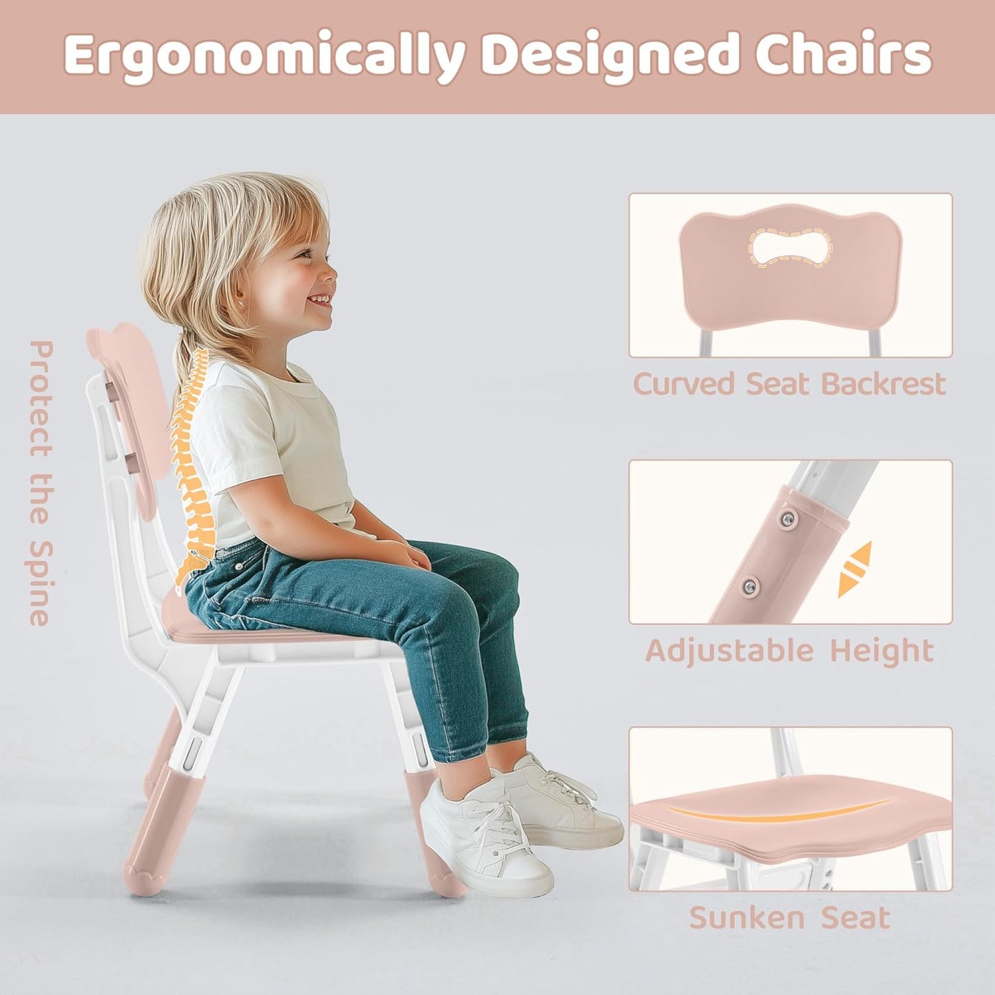 Kids Table & Chairs Set (2 Chairs) Height Adjustable for Ages 2-8 | Non-Slip Toddler Activity Table with Wipe-Clean Desktop, Montessori Learning & Art Drawing Table for Home Preschool