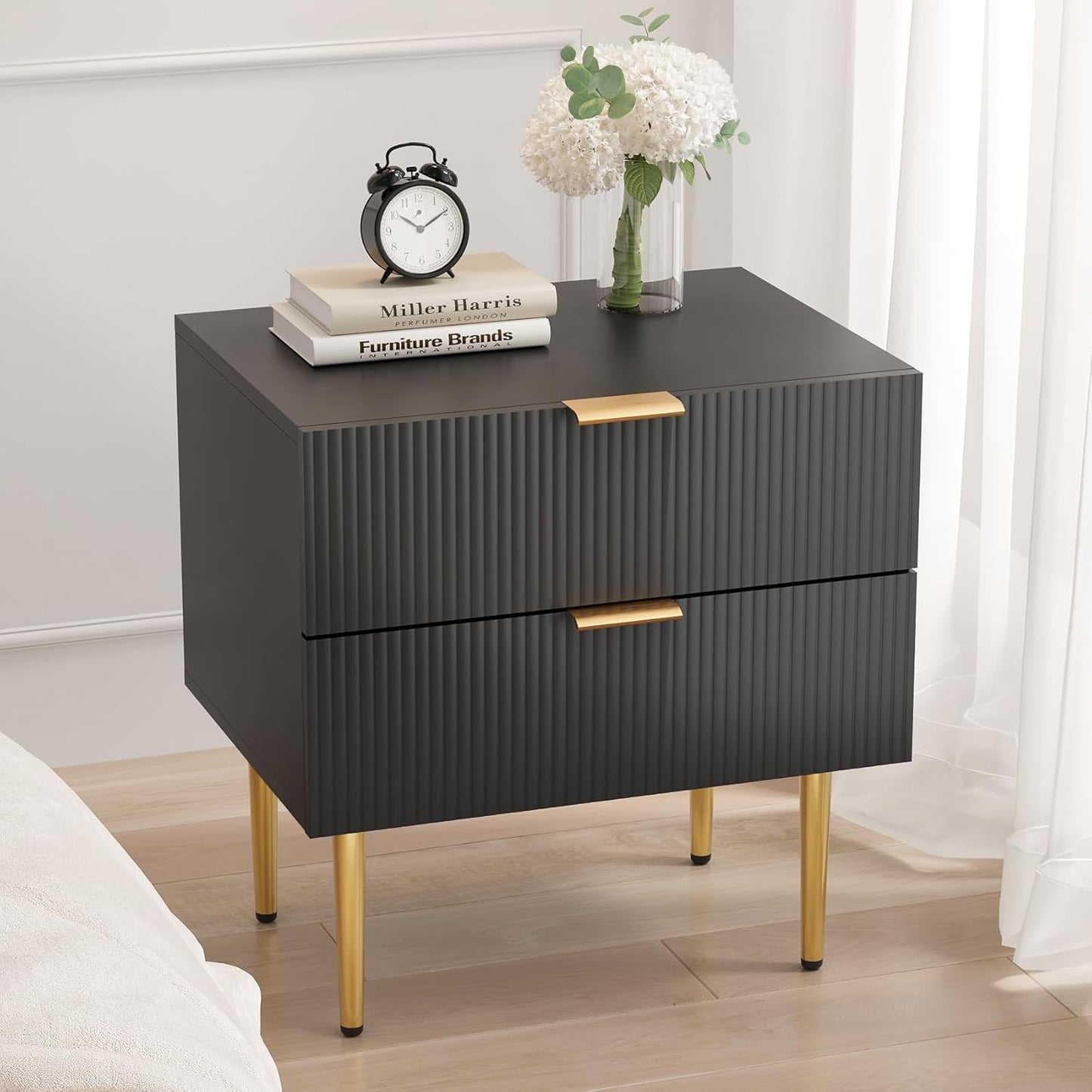 Night Stand, Black and Gold Nightstand with Fluted Panel, Bedside Table with 2 Drawer, Large Mid Century Modern Nightstand with Gold Leg, End Tables for Bedroom