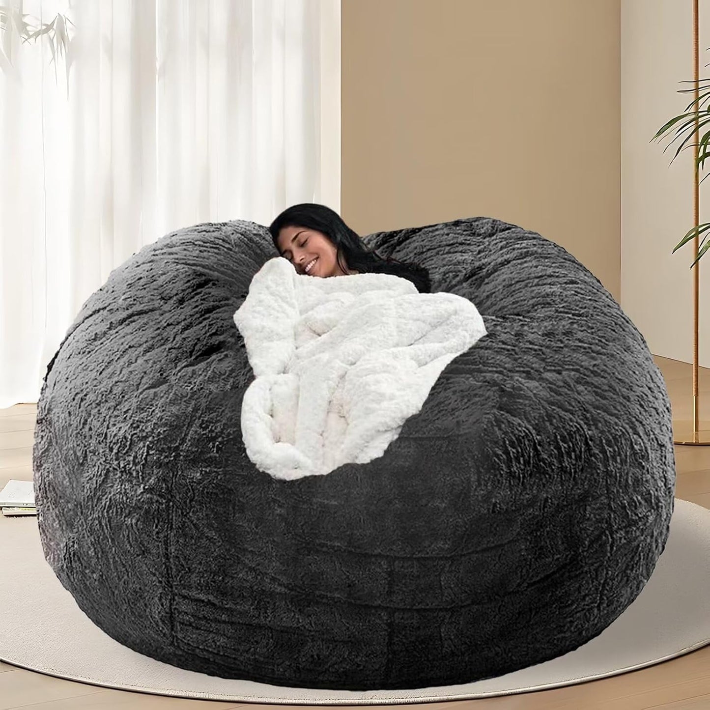 BCU 6FT Bean Bag Chair for Adults and Kids Without Filler Giant Stuffed Animal Storage Cover Soft Faux Fur Floor Chair Cover for Bedroom Living Room, Dark Grey