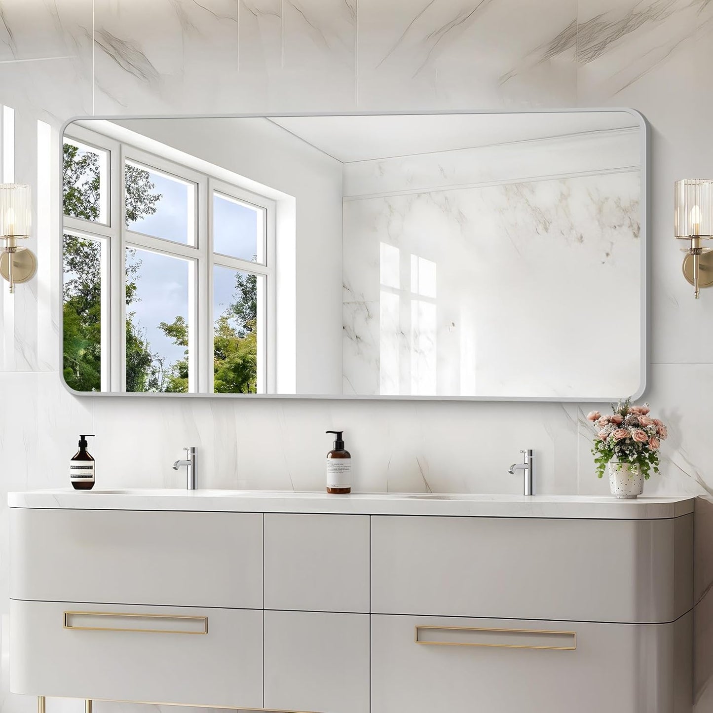 30x60 Inch Silver Bathroom Mirror, Large Rectangular Vanity Mirror, Metal Framed Rectangle Mirror, Rounded Corner Wall Mounted Mirrors for Living Room Bedroom Entryway Horizontal or Vertical