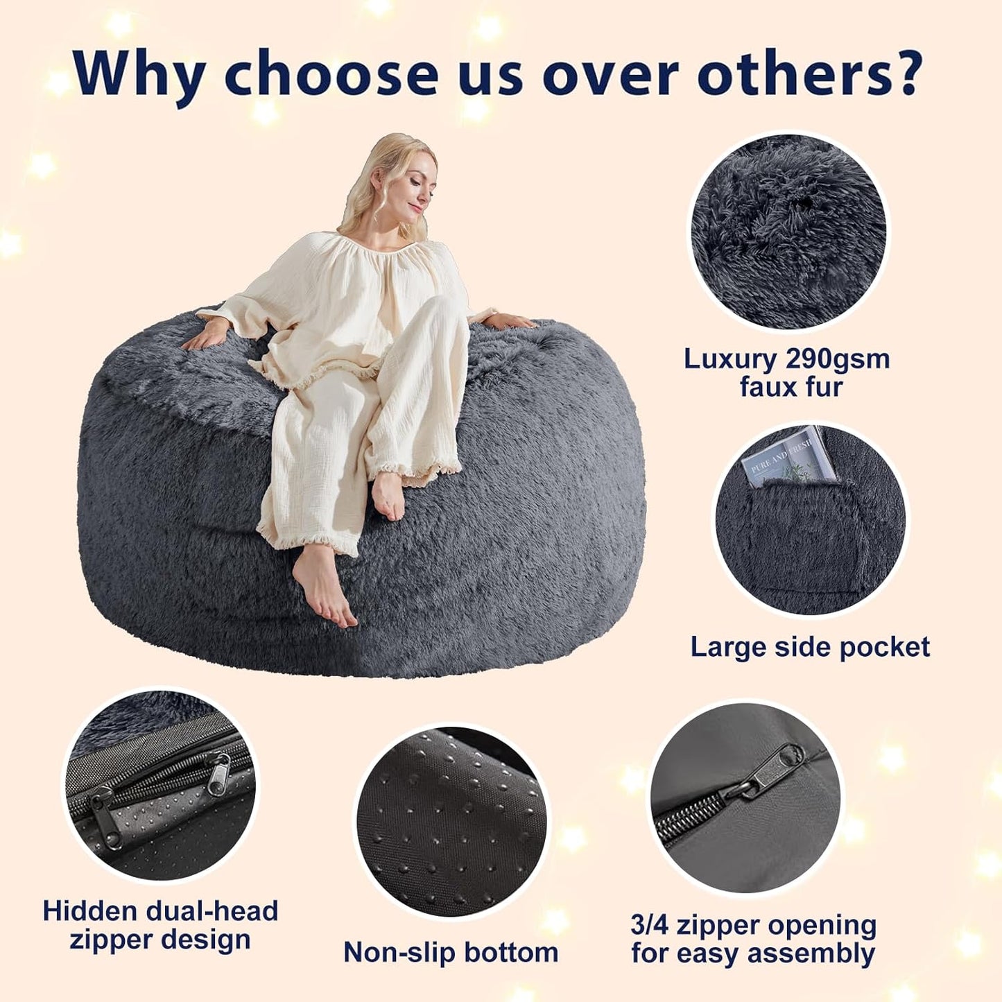 Bean Bag Chair Cover(No Filler) Soft Faux Fur Stuffed Animal Bean Bag Storage, Fluffy Plush Bean Bag Chair Cover Washable, Comfy Bean Bag Chairs for Adults, 6FT, Dark Grey
