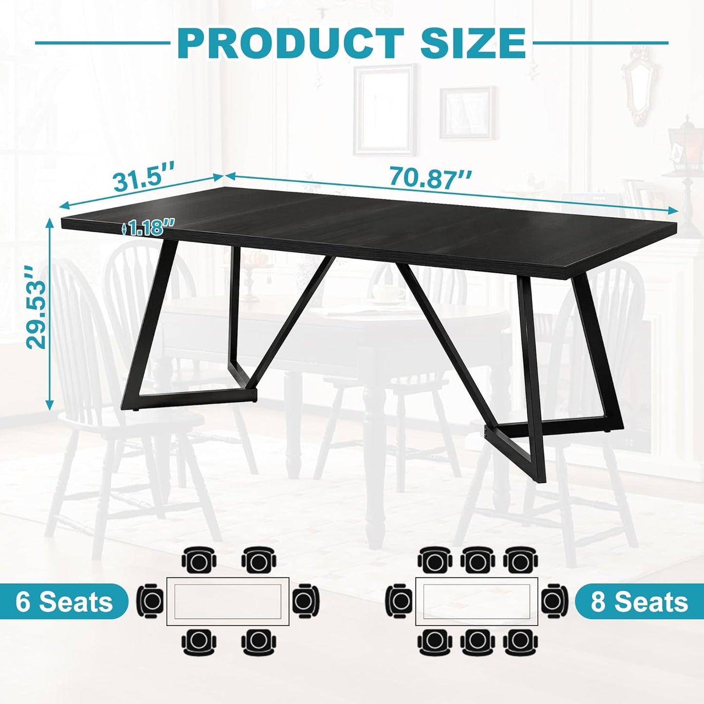 71" Dining Table for 6-8, Farmhouse Dinner Table with Wooden Tabletop and Metal Frame Base, Rectangular Kitchen Tables for Dining Room, Kitchen, Living Room, Black