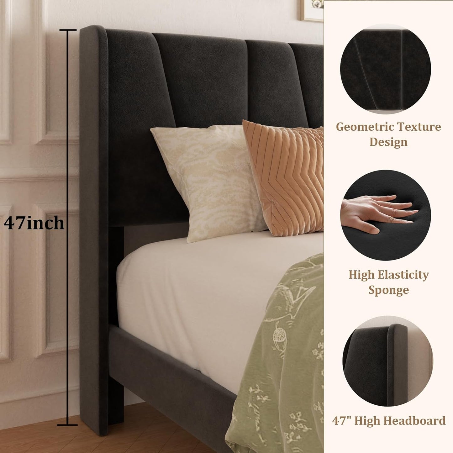 King Bed Frame with Storage Drawers, Upholstered Platform Bed with Headboard and Wingboard, No Box Spring Needed, NO Noise, Easy Assembly, Wooden Support Slats, Black