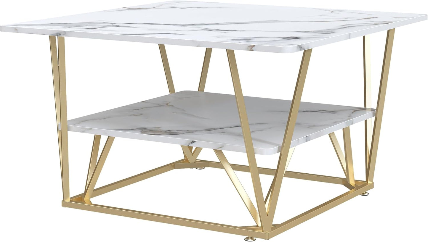 Elephance Square Coffee Table for Living Room, 31.5 Inch Modern Coffee Table with Storage, 2-Tier White and Gold, Wooden Tabletop-Marble White with Gold Frame