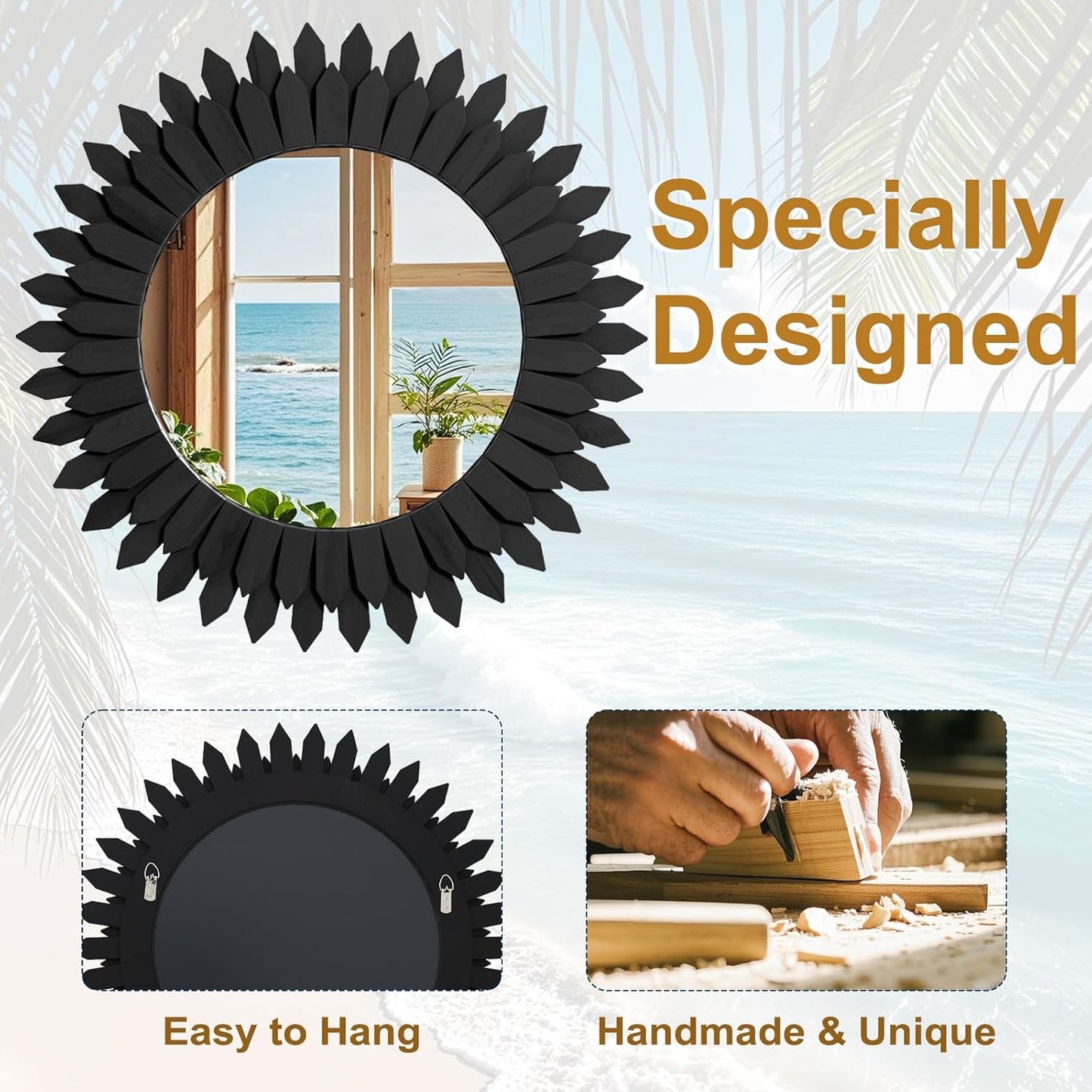 24 Inch Black Boho Wall Decor Sunburst Mirror - Round Wooden Wall Decor, Handmade Rustic Circular Mirror for Living Room, Bedroom, Entryway, Office