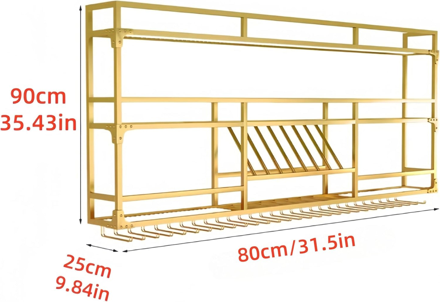 Metal Wall-Mounted Wine Rack with LED Light - 3 Tier Wine Storage Display Rack with Glass Holder - Space-Saving Bottle Display Shelf for Home Bars, Dining Rooms(Gold, 31in/80cm)