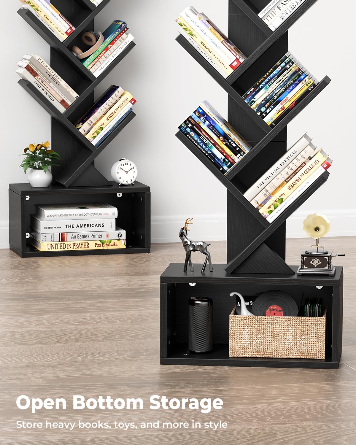 6 Tier Tree Bookshelf with Light, Narrow Bookcase Tower, Tall Floor Standing Book Shelf Organizer with Storage Cabinet for Living Room, Bedroom and Home Office, Black