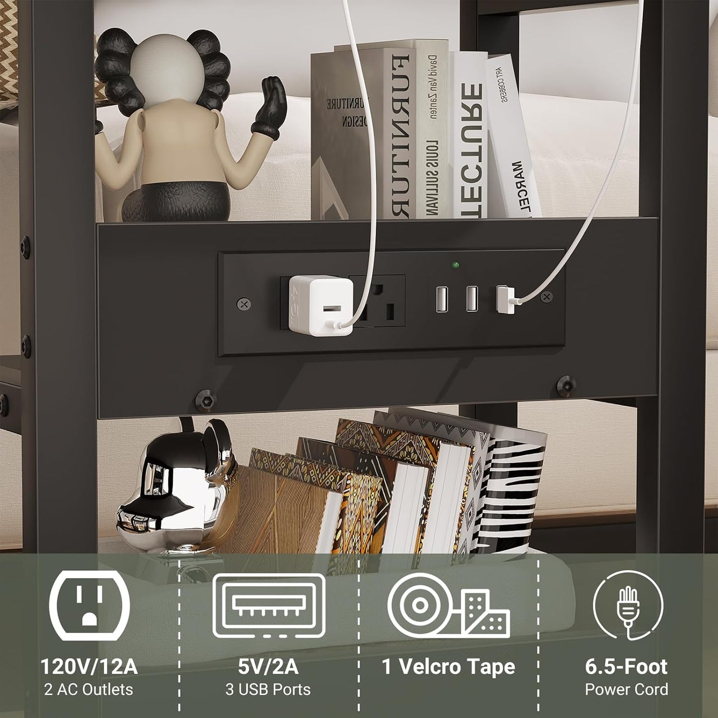 Height Adjustable End Table with Charging Station, Mobile C Shaped Laptop Side Table with Wheels, 3-Tier Sofa Couch Table with Storage Shelve for Living Room Bedroom, Black