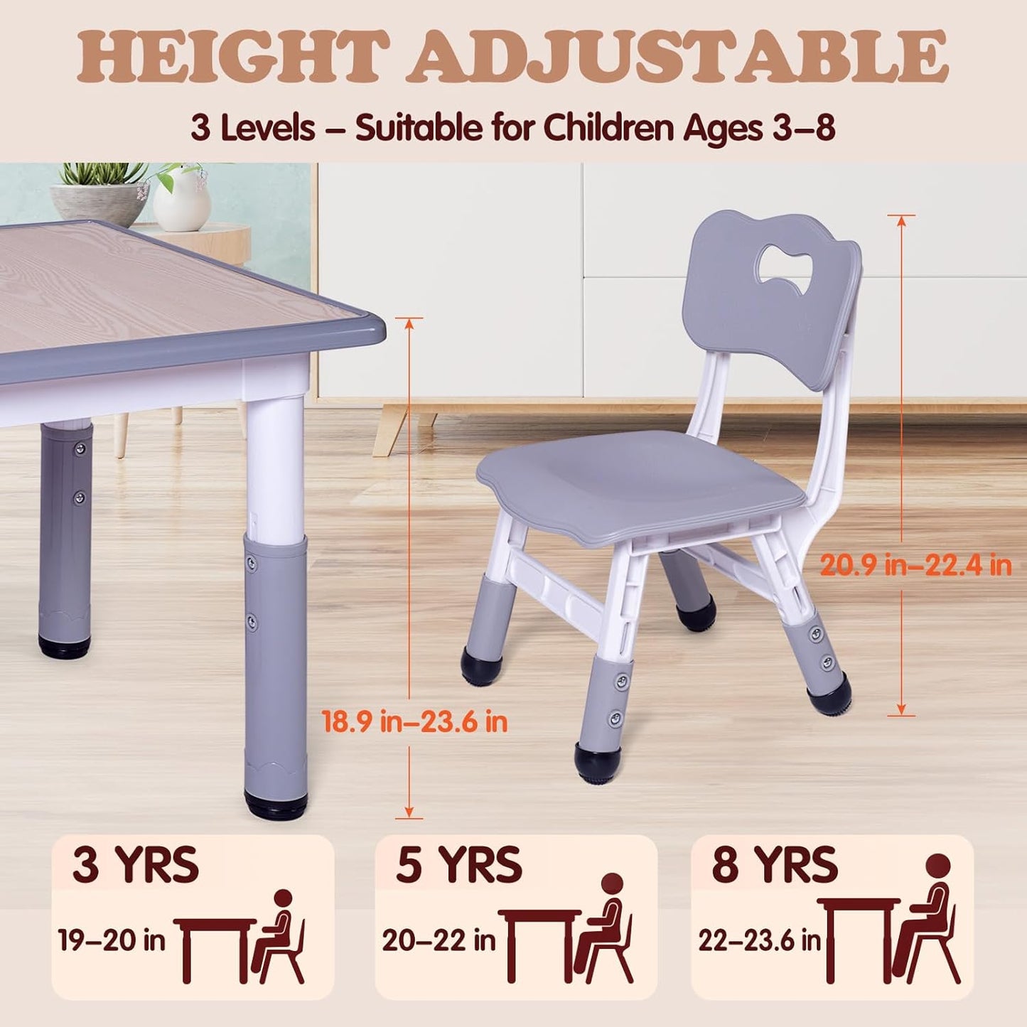 Kids Table and 2 Chairs Set, Height Adjustable Toddler Study Table and Chair Set, Kid Size for Ages 3-8 Children, Graffiti Desktop, Easy to Wipe/Arts & Crafts, Homes/Classrooms/Daycare (Grey)