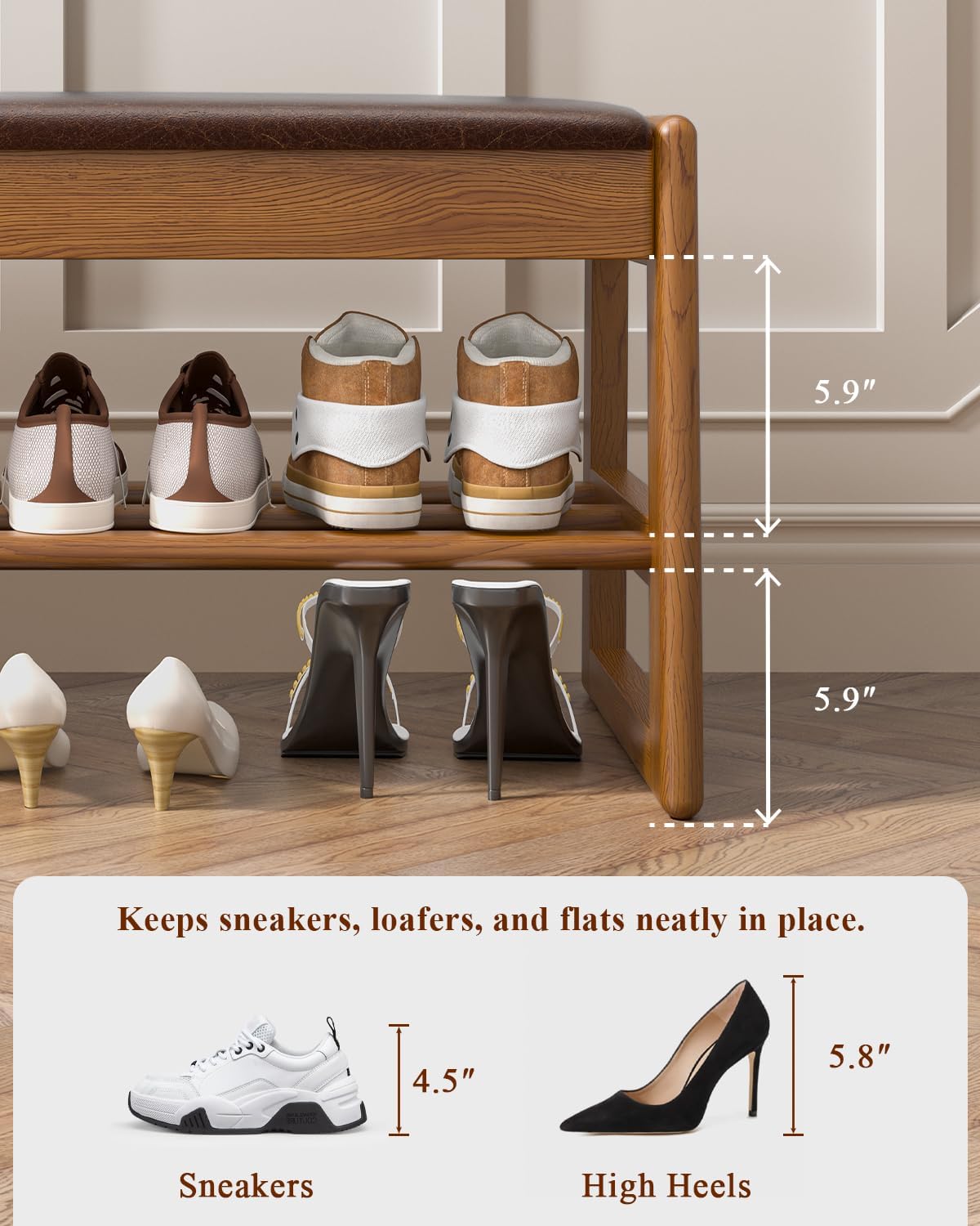 Shoe Rack Bench Seat Rubberwood 2-Tier Wooden Storage Bench 550lbs Compact Mid-Century Modern Design for Entryway, Hallway, Closet, Front Door Entrance, Foyer