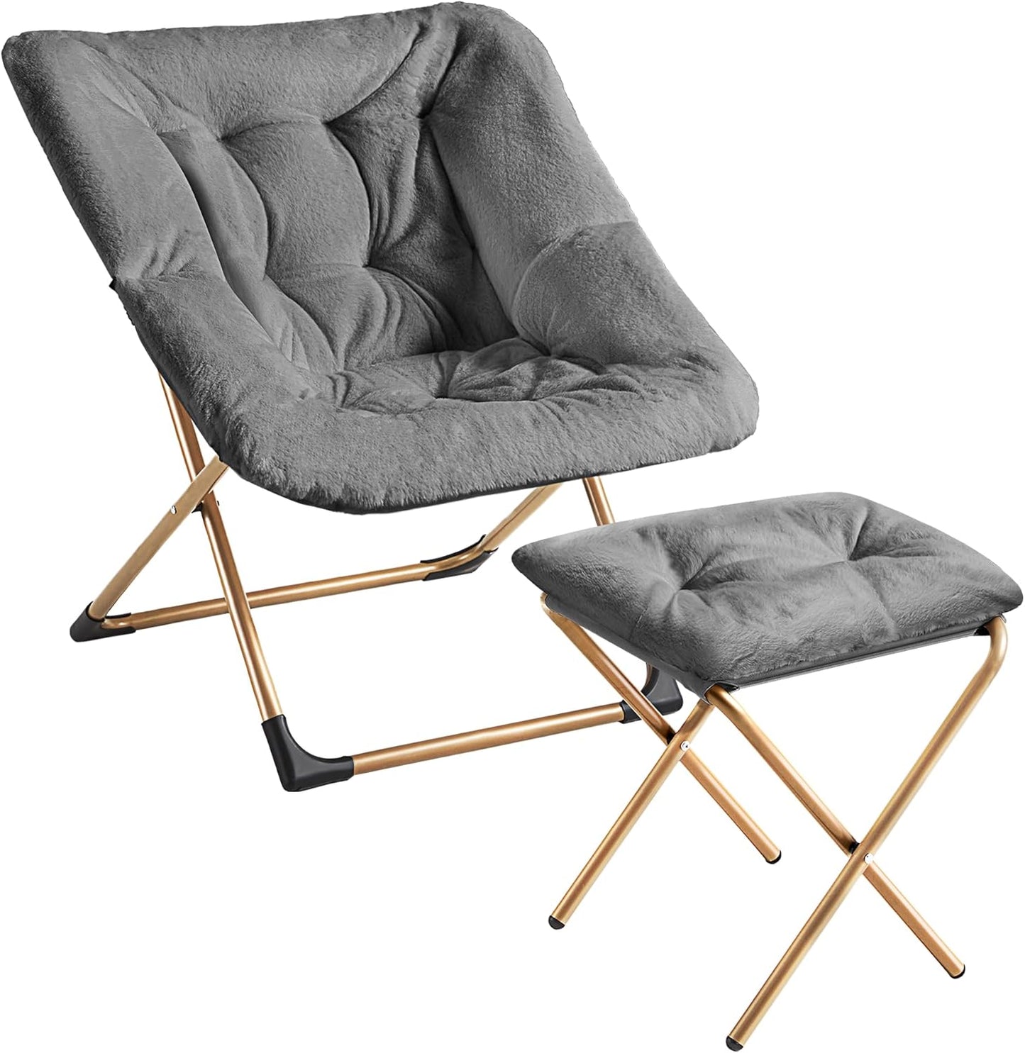 Comfy Oversized Saucer Chair with Ottoman,Soft Faux Fur Reading Lounge Chair for Adults,Stable X-Large Metal Frame and Non-Slip Pad,Cozy Chair for Bedroom, Living Room, Dorm, Dark Gray