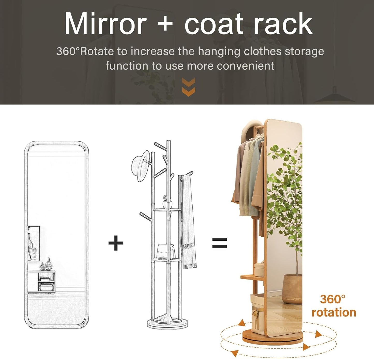 70"x16"Full Length Mirror with Stand,Coat Rack with Mirror,Solid Wood Floor Mirror,Swivel Mirrorfor Bedroom, Living Room, Cloakroom