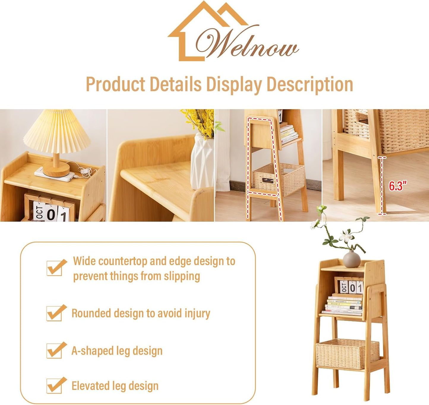 Welnow Bamboo Bookcase with Cabinet, Natural End Table with 1-Tier Storage Shelf, Modern Bedside Organizer Side Table for Bedroom or Living Room, Wood Bookshelf with Open Space