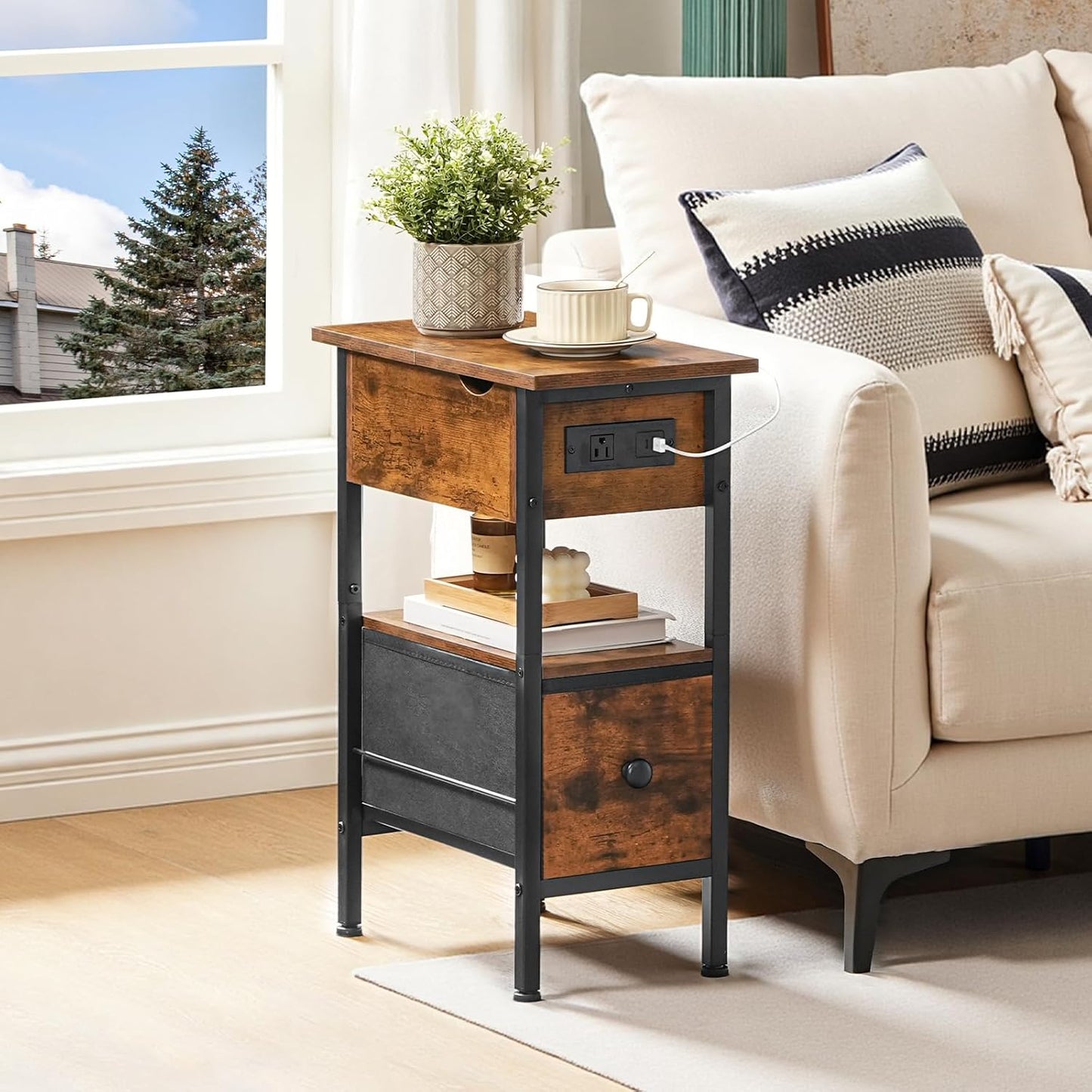 HOOBRO End Table with Charging Station, Flip Top Narrow Side Table with Storage Drawer, Slim Nightstand Bedside Tables, for Small Space, Living Room, Bedroom, Rustic Brown and Black BF343UBZ01G1