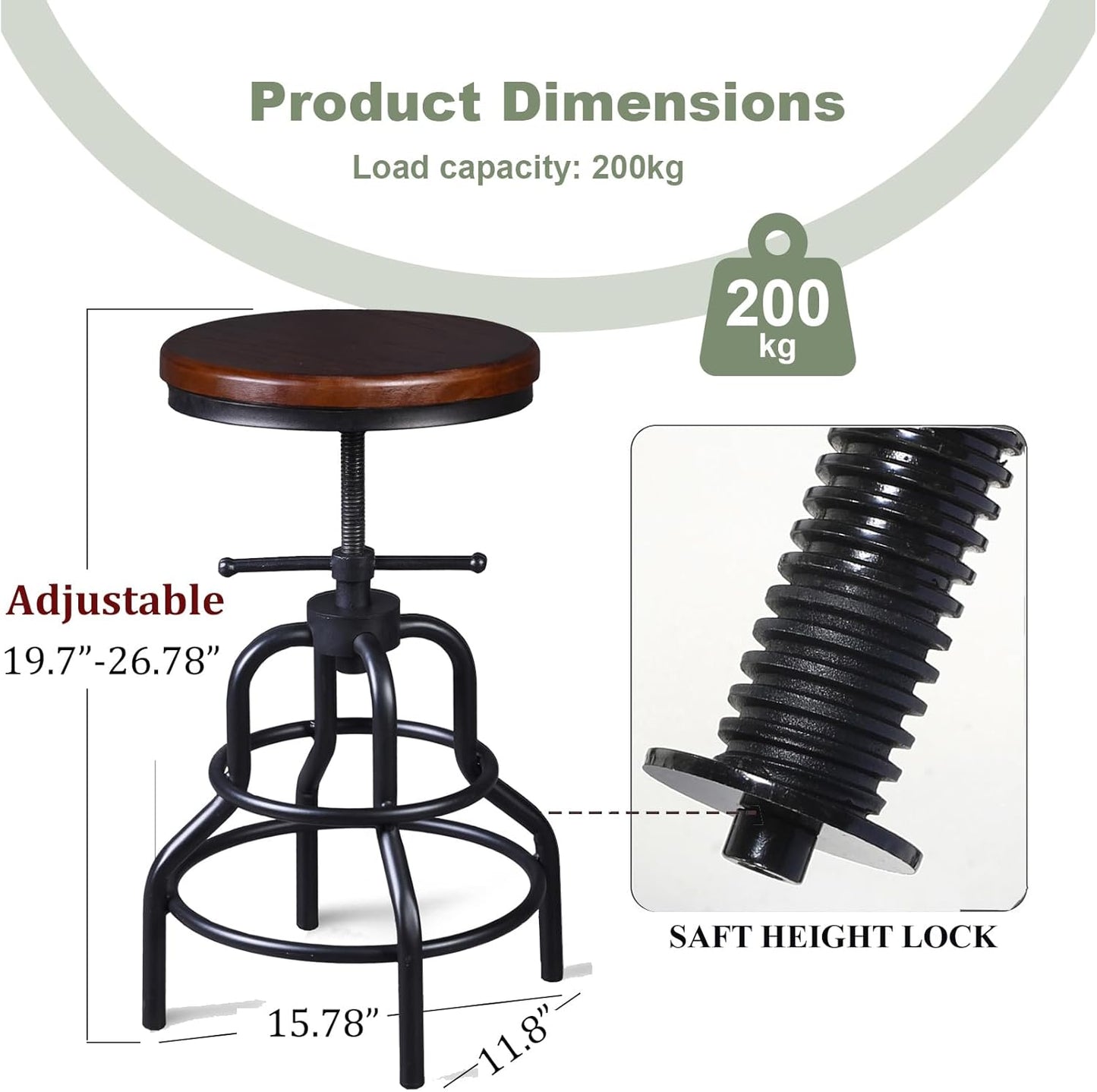 LOKKHAN Vintage Industrial Bar Stool - Rustic Swivel - Round Wood Metal - Kitchen Counter Height Adjustable - Pipe Stool - Cast Steel - 20-27 Inch (Set of 2)
