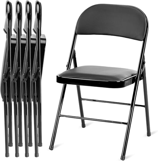 HealSmart 4 Pcs Folding Chairs with Leather Padded Cushion Seats, Back & Sturdy Metal Frame, Stackable, Portable, Commercial Event Seat, Indoor Outdoor for Parties, Home Event, Office, Black
