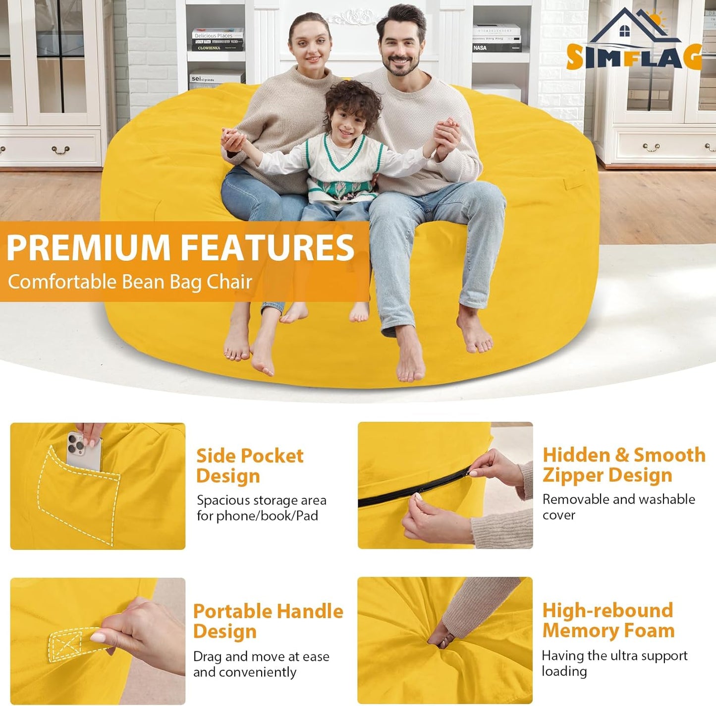 6FT Bean Bag Chair, Large Bean Bag Chairs with Memory Foam Filled, Fluffy Beanbag Sofa with Dutch Velvet Cover, Round BeanBag Chairs for Living Room, Playroom - Lemon