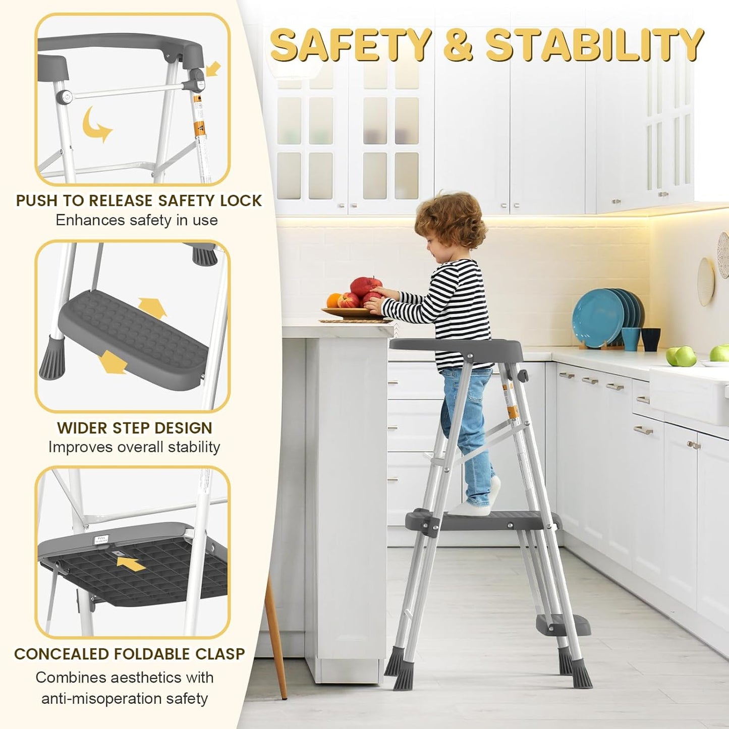 HBTower Kids 2 Steps Step Stool, Toddler Tower for Kitchen Counter Learning, Toddler Kitchen Stool Helper with Anti-Drop Safty Railing Kids Standing Folding Stepper