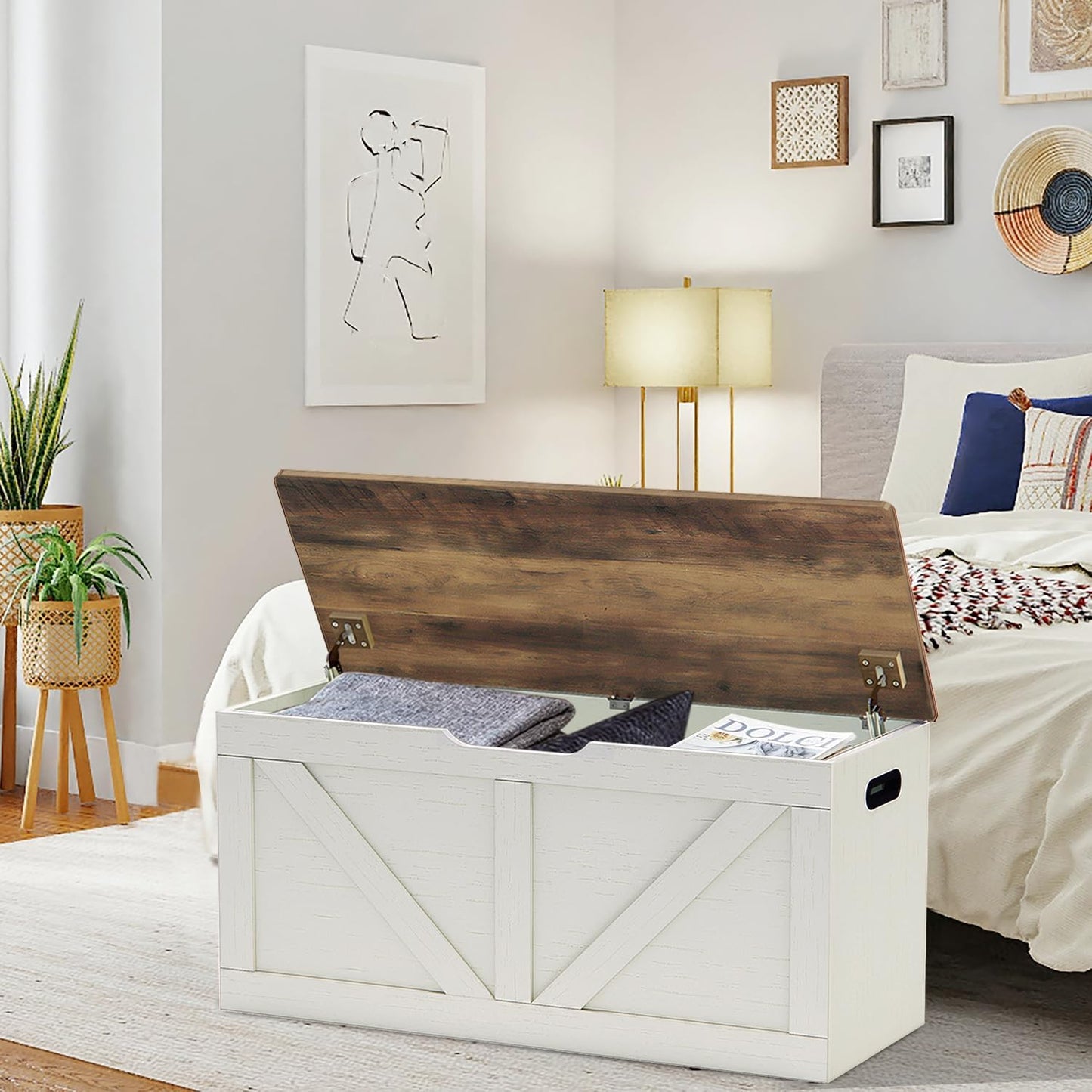 39.4" Storage Chest, Wooden Storage Bench, Large Storage Trunk with 2 Safety Hinges, Entryway Shoes Bench for Living Room, Bedroom, Brown and Rustic White