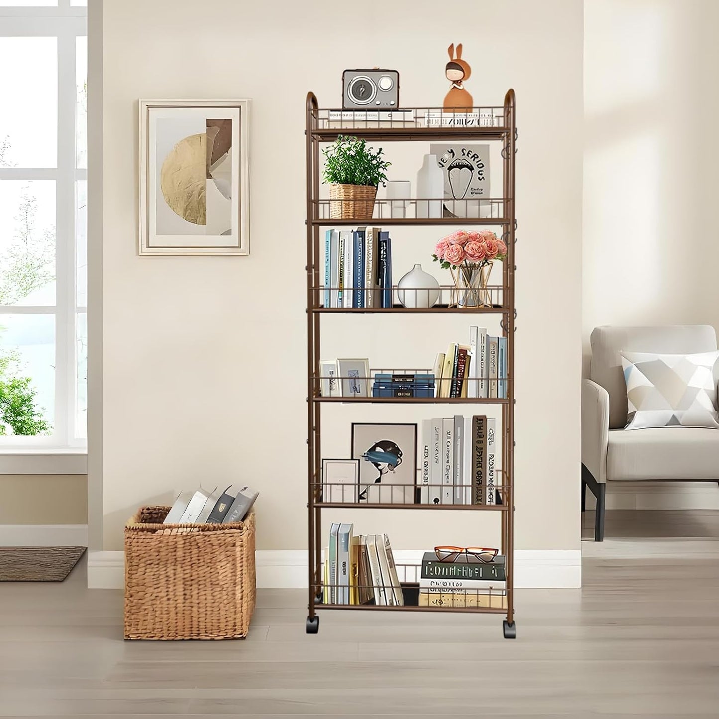 6-Tier Slim Storage Cart with Wheels, 6in Narrow Rolling Shelf,Sturdy Slim Storage Ideal for Kitchen, Bathroom, and Laundry Room,Champagne Gold