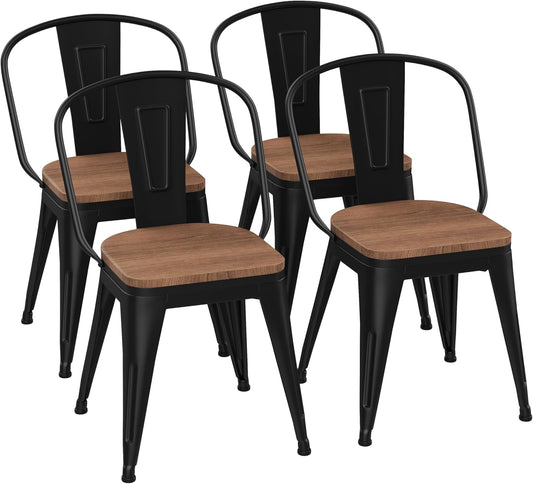 18 Inch Metal Dining Chairs,Arlunar Farmhouse Chairs Set of 4 Black Dining Room Chairs Stackable with Back and Wooden Seat bar stools