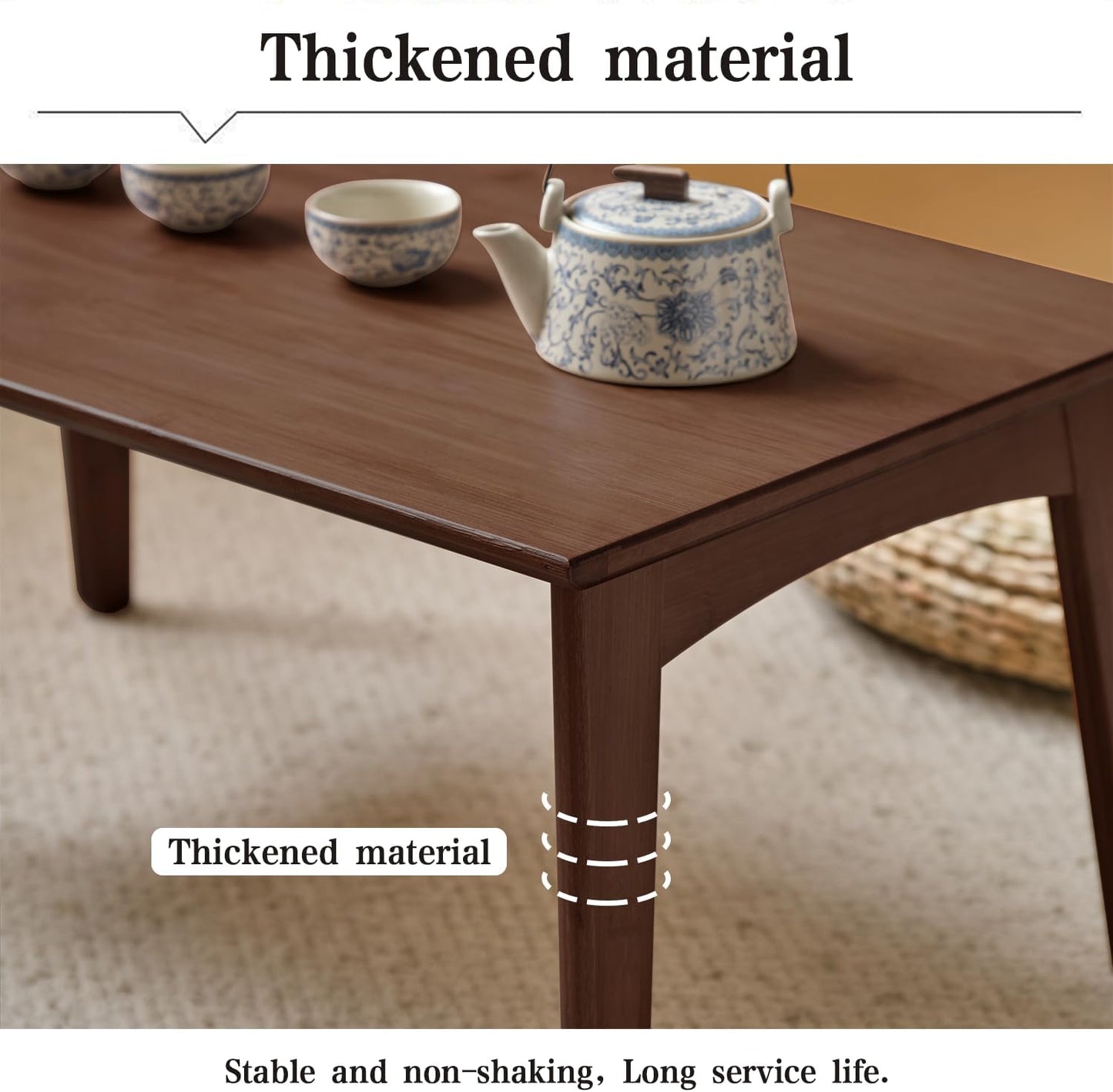 Japanese Floor Table No Assembly Required Bamboo Folding Walnut Coffee Table Bedroom 26x15.8x11.8in Furniture Low Tea Table for Sitting on The Floor Chestnut Large