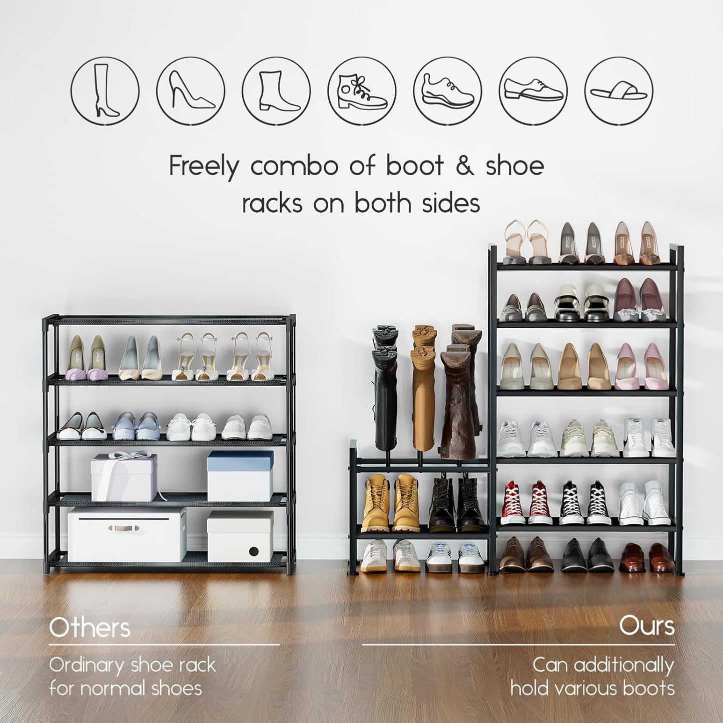 Shoe Rack Organizer and Storage - 5 Tier Metal+Non-woven Fabric Shoe Rack with Boot Storage & Side Any Combination - Space Saving Shoe Shelf for Entryway, Bedroom, Garage, Small Spaces