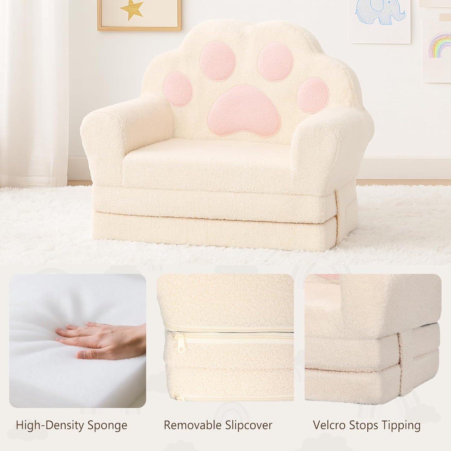 MONKISS Cat Paw Kids Couch, Toddler Chairs Comfy, Toddler Couch Bed Fold Out, Baby Lounge Chair, Birthday Gift for Girls, 1-4 Years Old, SF06, Beige