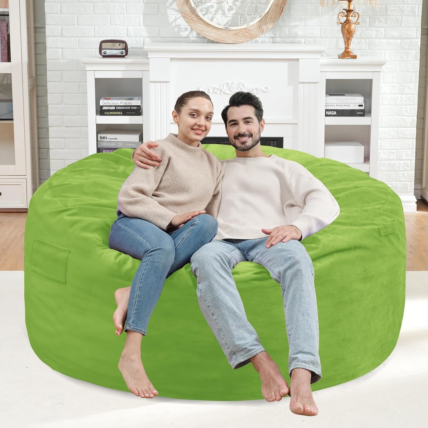 4FT Bean Bag Chair, Large Bean Bag Chairs with Memory Foam Filled, Fluffy Beanbag Sofa with Dutch Velvet Cover, Round BeanBag Chairs for Living Room, Playroom - Lime