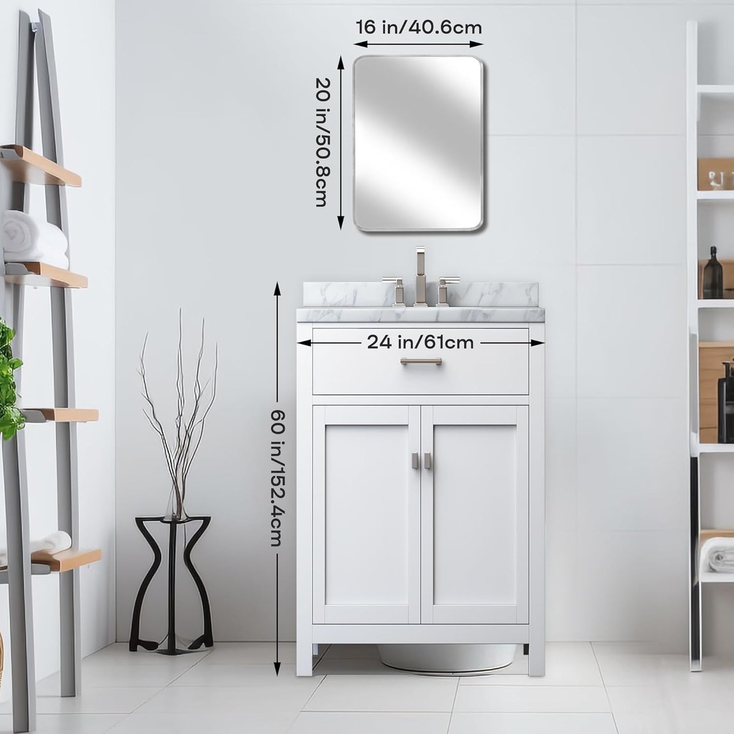 Wall Mount Mirror for Bathroom, Brush Silver Metal Framed Rounded Corner Rectangular Vanity Mirror (16" x 20", Silver)