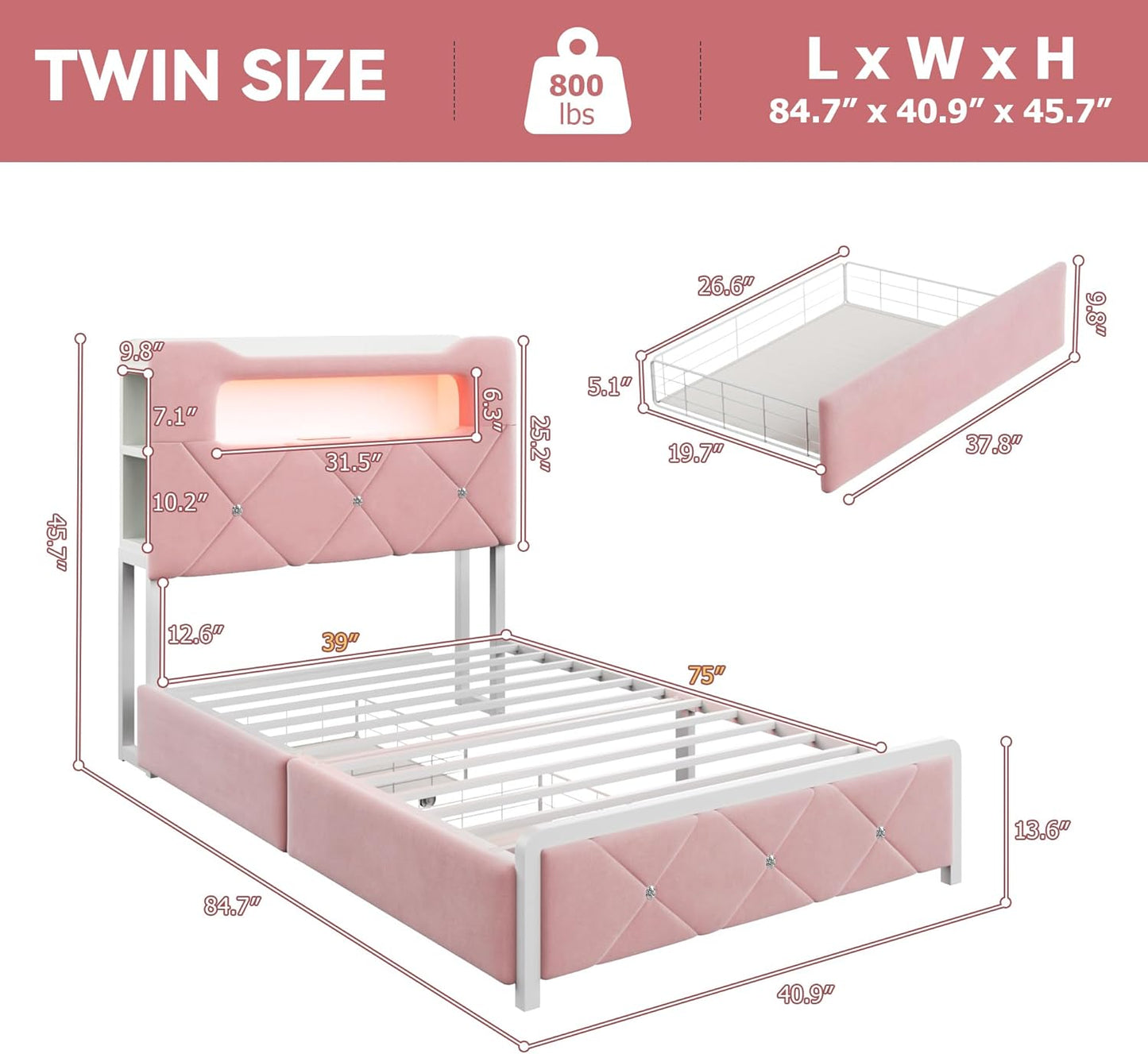Twin Upholstered LED Bed Frame with 2 Storage Drawers and 2-Tier Storage Bookcase Headboard, Velvet Princess Platform Bed for Kids/Girls/Boys, Corner Bed Frame, Heavy Duty Metal Support, Pink