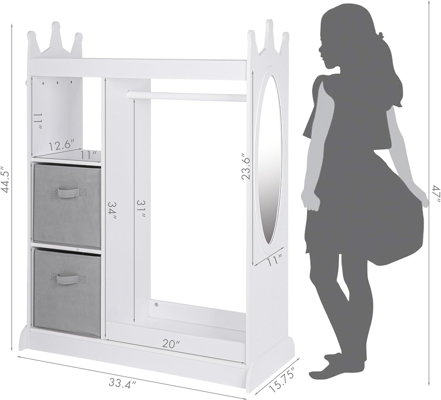 UTEX Kids Play Armoire with Mirror, Storage Bins and Closet for Dress Up and Costumes (White)