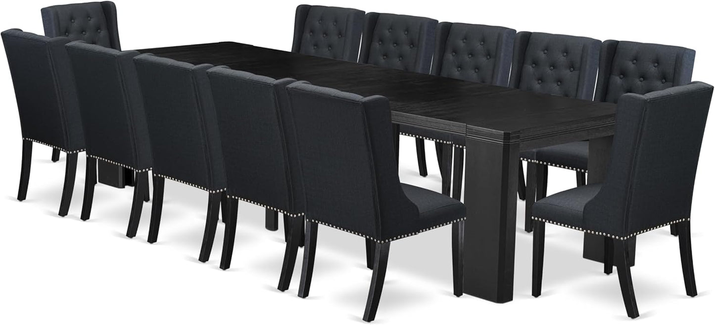 X12FO-006-24 - 13-piece Dining Room Table Set a Rectangular Kitchen Table and 12 Black Linen Fabric Dining Chair, 39x120 Inch, Wire Brushed Black