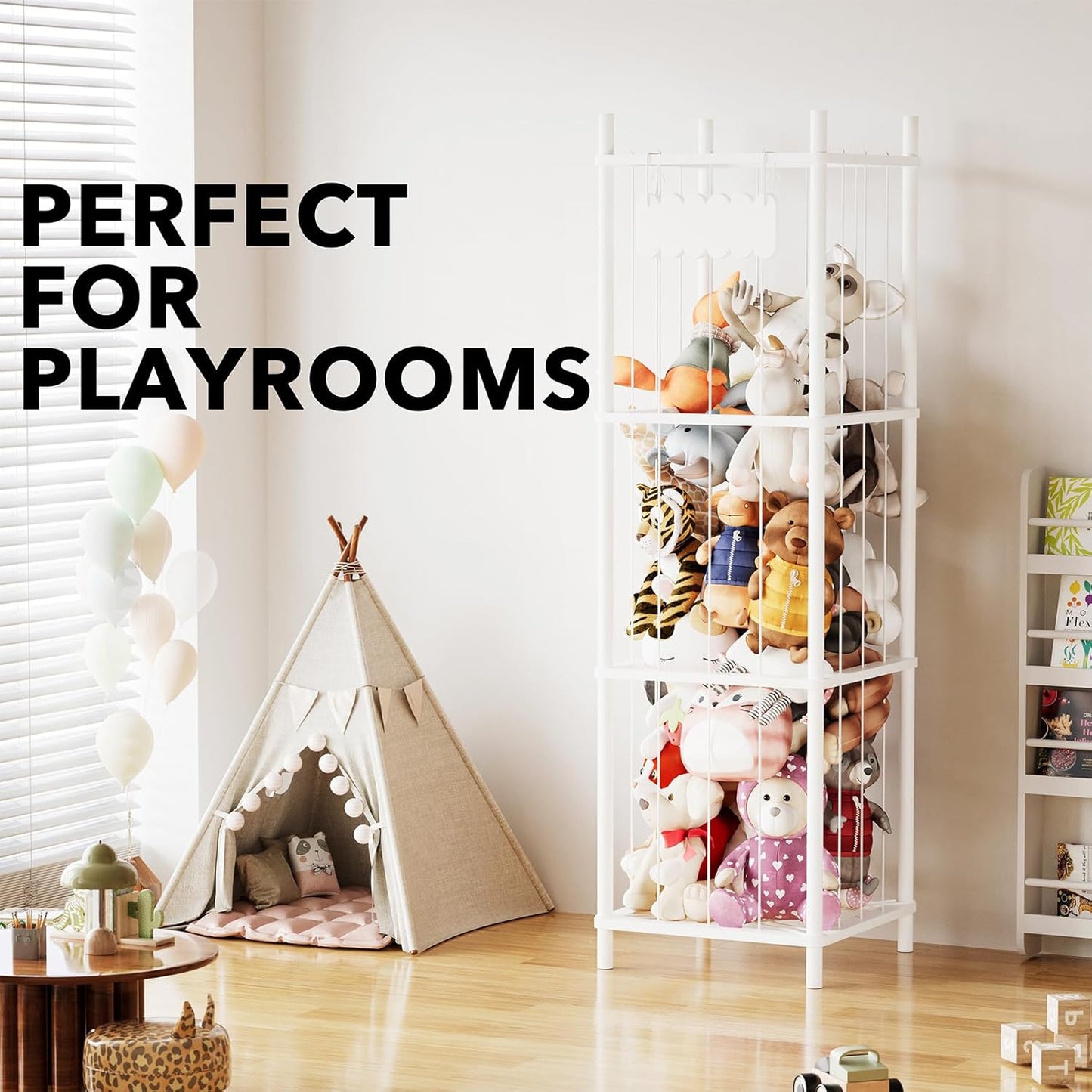 SpaceAid Stuffed Animal Storage Organizer, Wood Animals Zoo Toy Plushies Storage Holder, Large Capacity Plush Toy Cage for Playroom Organization, 15.8" Wide, White