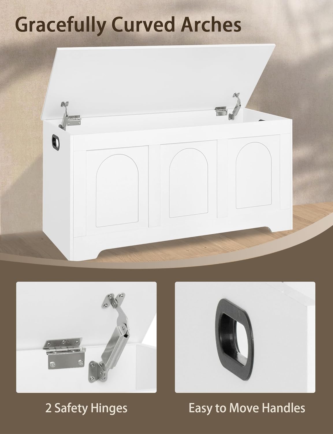 DINZI LVJ Storage Chest, 39.4”Wooden Storage Box with 2 Safety Hinges, Entryway Shoe Bench with Flip-Top, Trunk for Living Room, Bedroom, Easy Assembly, White