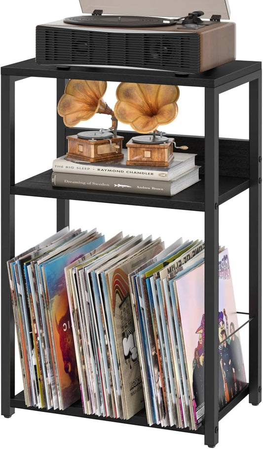 LELELINKY Record Player Stand, 3-Tier End Side Table with Vinyl Record Storage, Vinyl Record Holder Up to 120 Albums, Turntable Stand with Vinyls Storage for Music Living Room