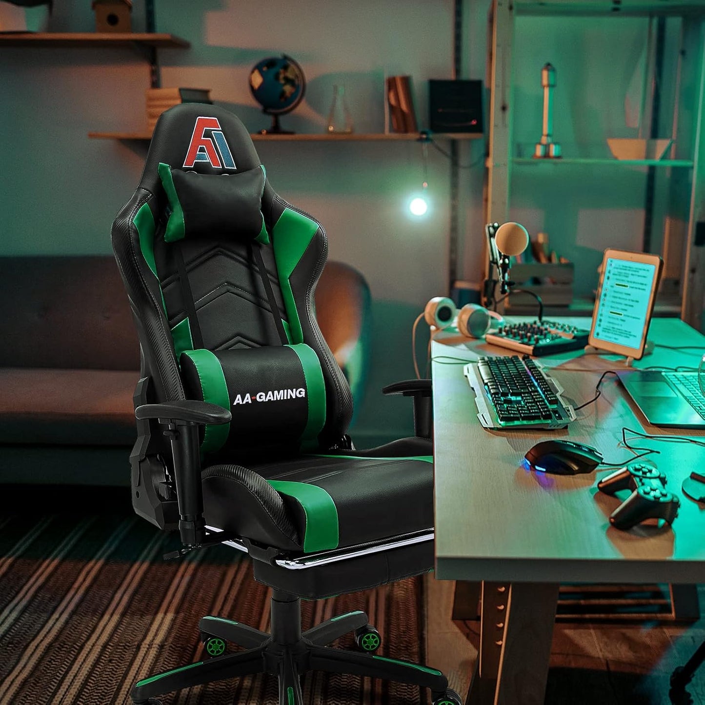 AA Products Gaming Chair High Back Ergonomic Computer Racing Adjustable Gamer Chair with Footrest, Lumbar Support Swivel Chair – Blackgreen