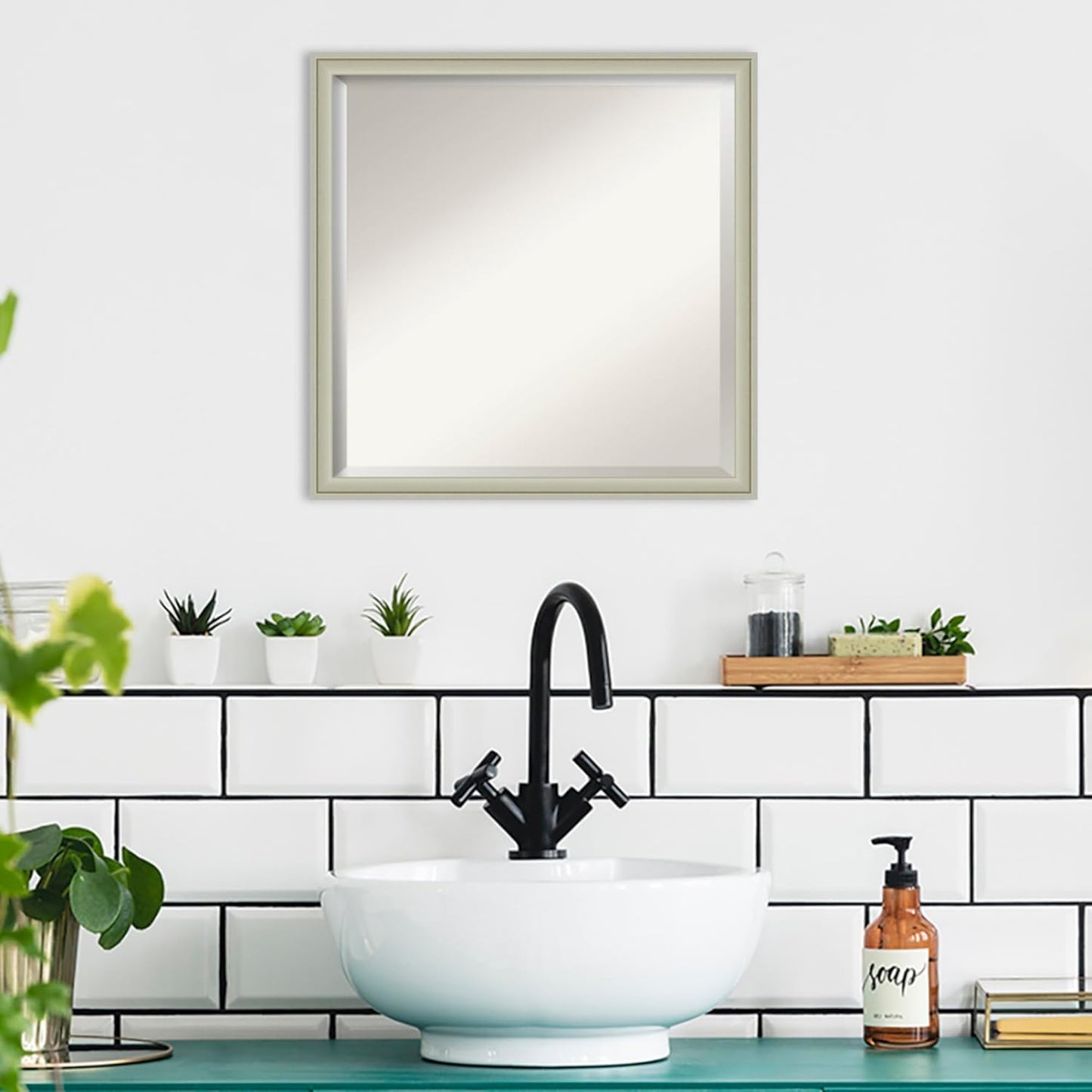 Amanti Art Silver Bathroom Mirror for Over Sink, 22x22 Florence Silver Square Vanity Mirror, Medium Casual Frame, Hangs Horizonally and Vertically, Bathroom Wall Decor, Beveled Edge from WI, USA