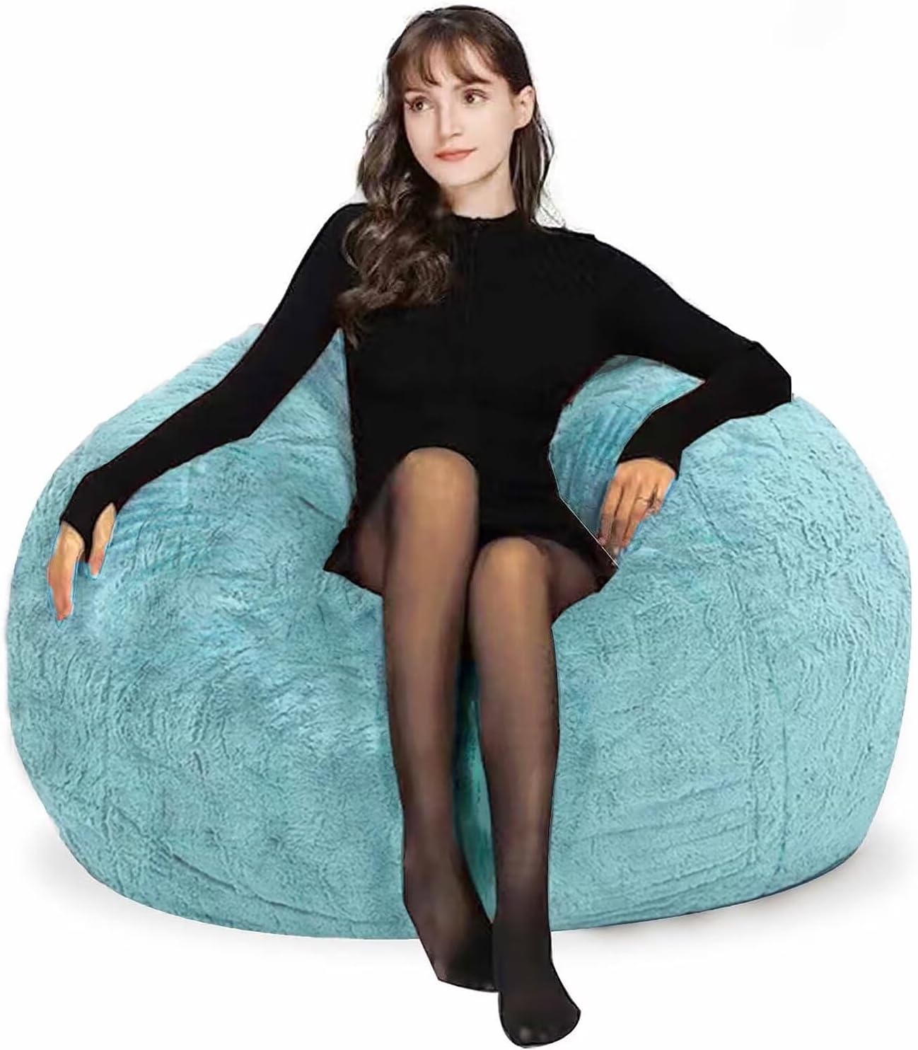 Bean Bag Chair for Adults Kids Without Filling Comfy Fluffy Round Beanbag Lazy Sofa Cover for Reading Chair Floor Chair, 3.5FT, Light Blue